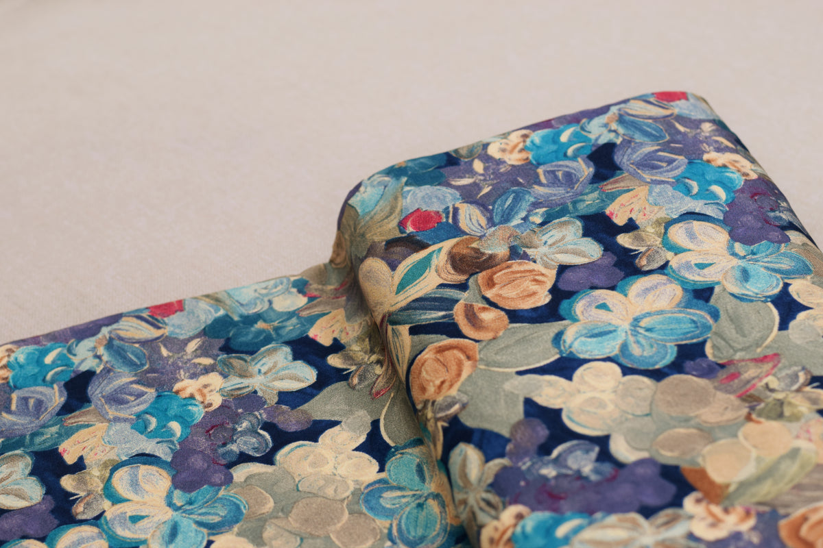Floral Printed Rayon Fabric – Blue & Multicolor Floral Design | 44 Inch Width