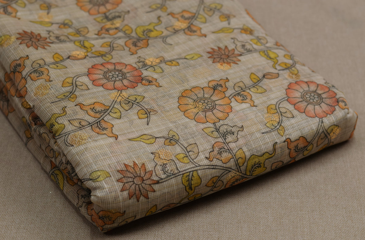 Floral Kalamkari Printed Net Cotta Dress Material – Beige & Orange