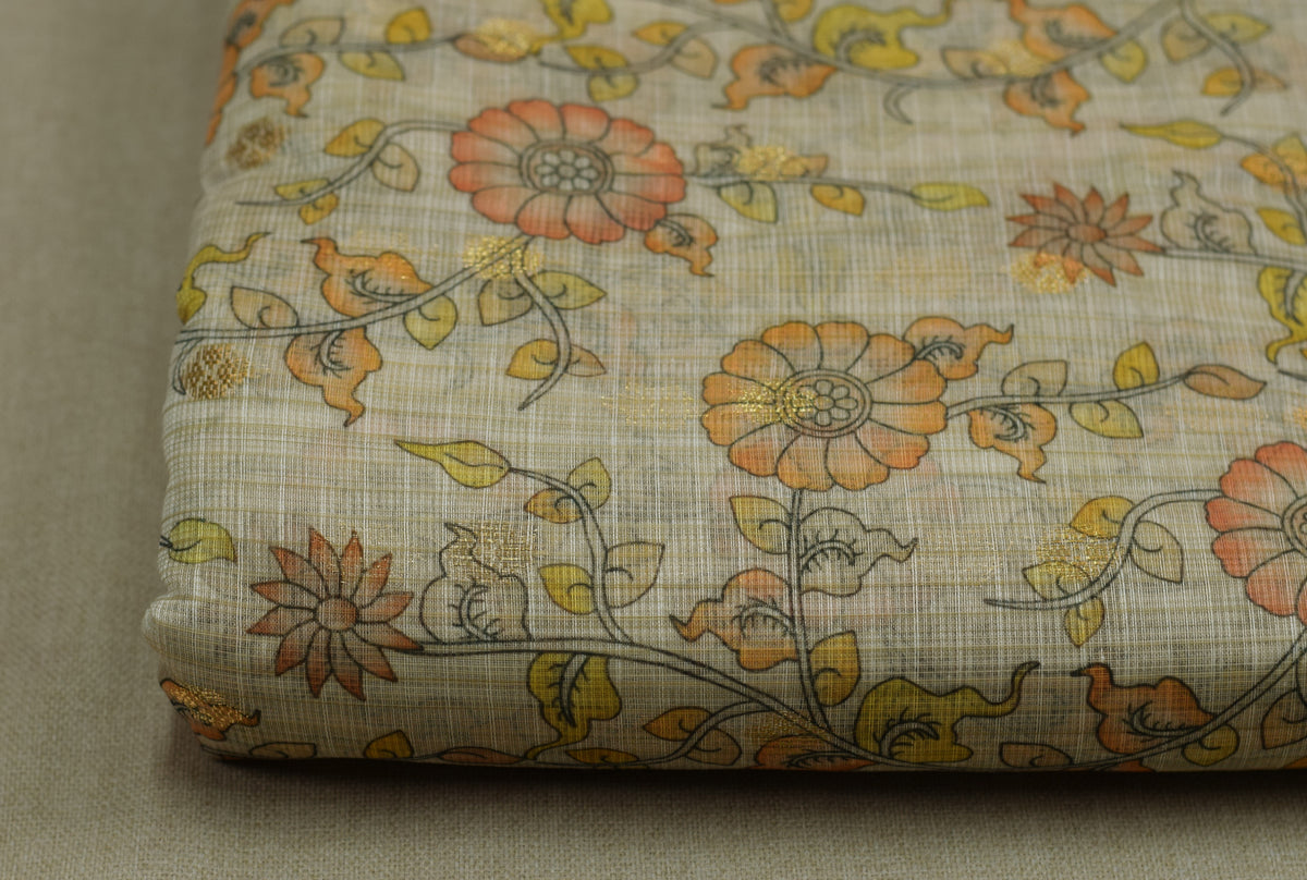Floral Kalamkari Printed Net Cotta Dress Material – Beige & Orange