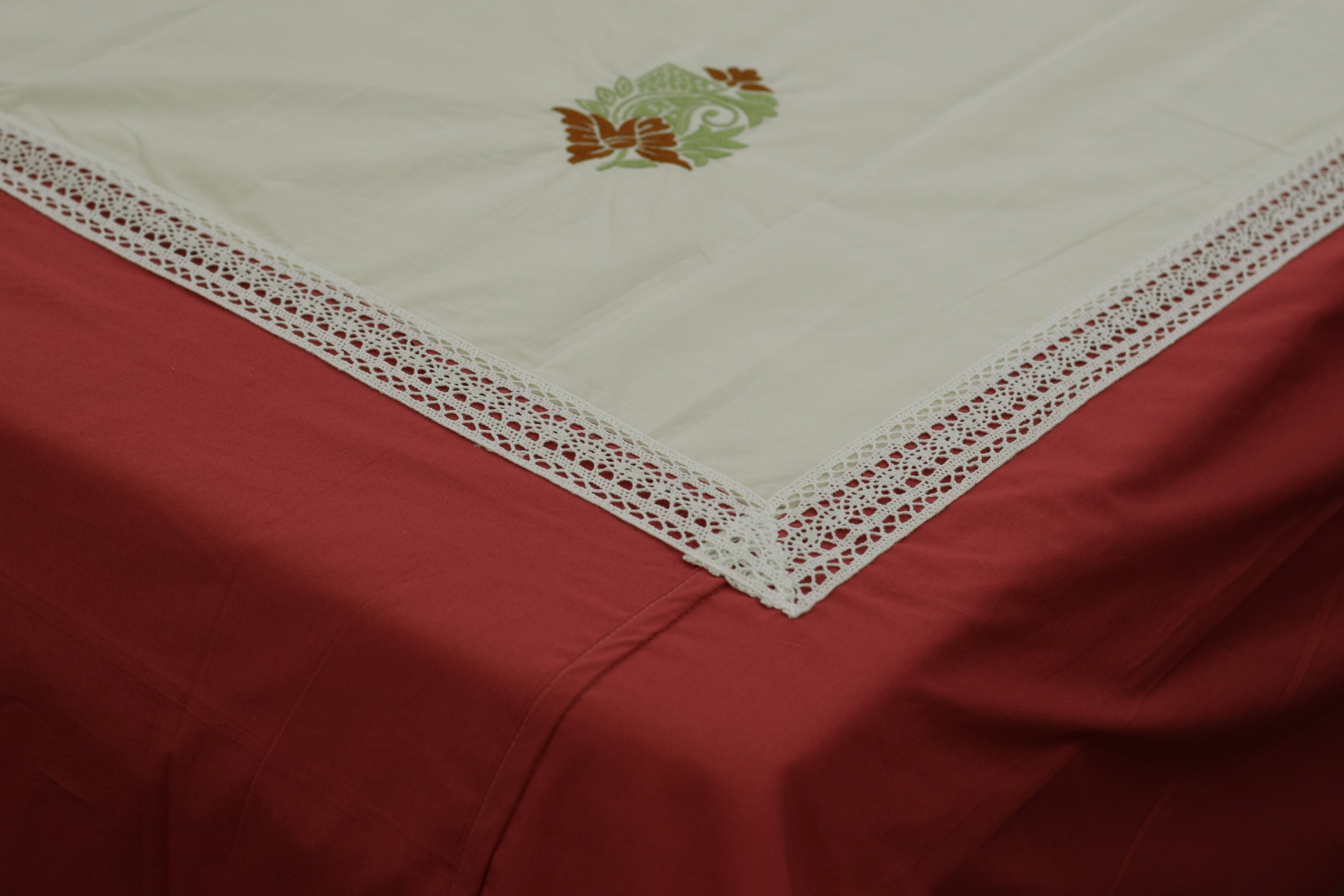 King Size Satin Finish Cotton Bedspread with Embroidered Floral Design & 2 Pillow Covers – Brick Red & Ivory | 92" x 116"