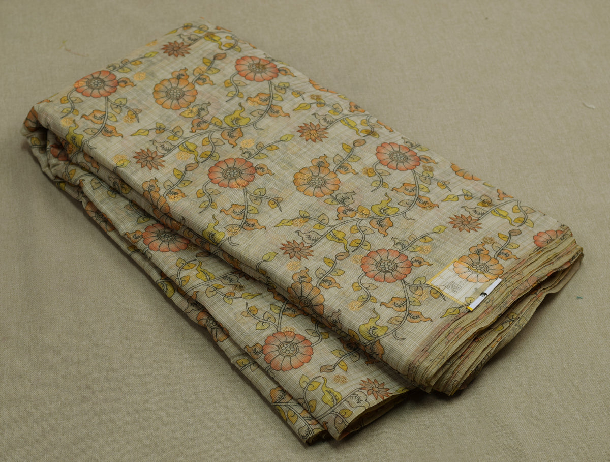 Floral Kalamkari Printed Net Cotta Dress Material – Beige & Orange