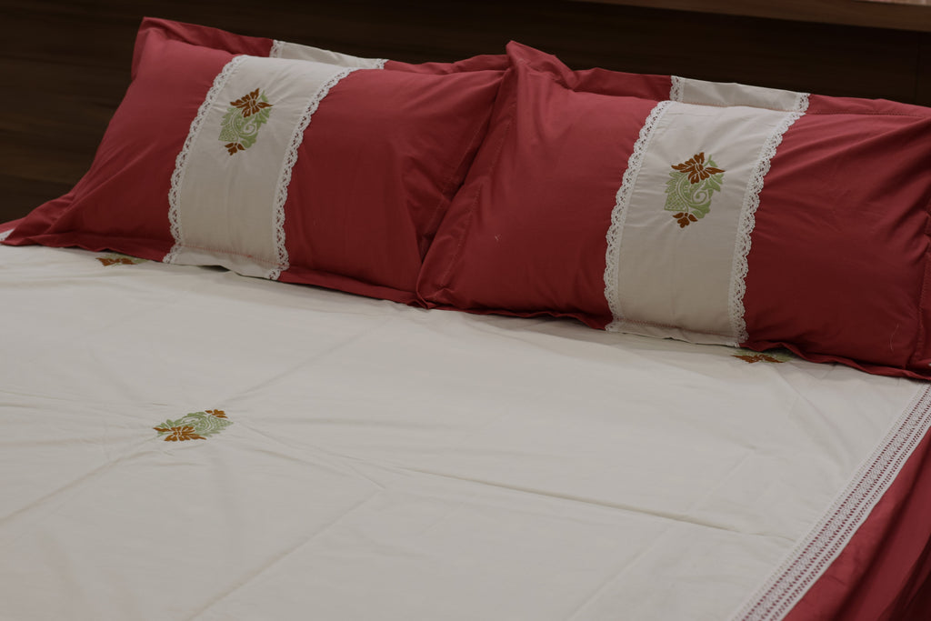 King Size Satin Finish Cotton Bedspread with Embroidered Floral Design & 2 Pillow Covers – Brick Red & Ivory | 92" x 116"