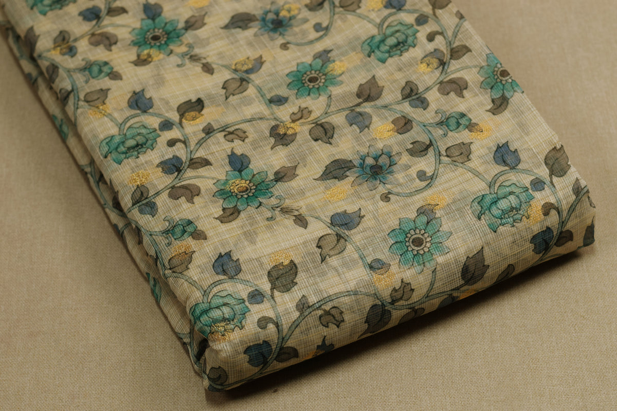 Floral Kalamkari Printed Net Cotta Dress Material – Beige & Teal Blue