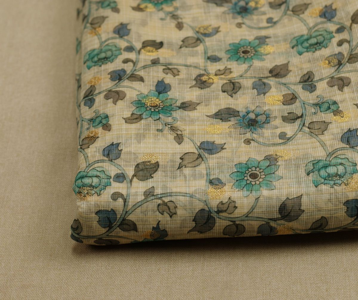 Floral Kalamkari Printed Net Cotta Dress Material – Beige & Teal Blue