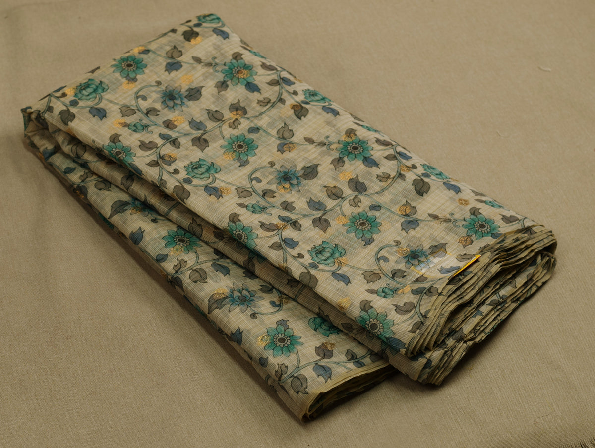 Floral Kalamkari Printed Net Cotta Dress Material – Beige & Teal Blue