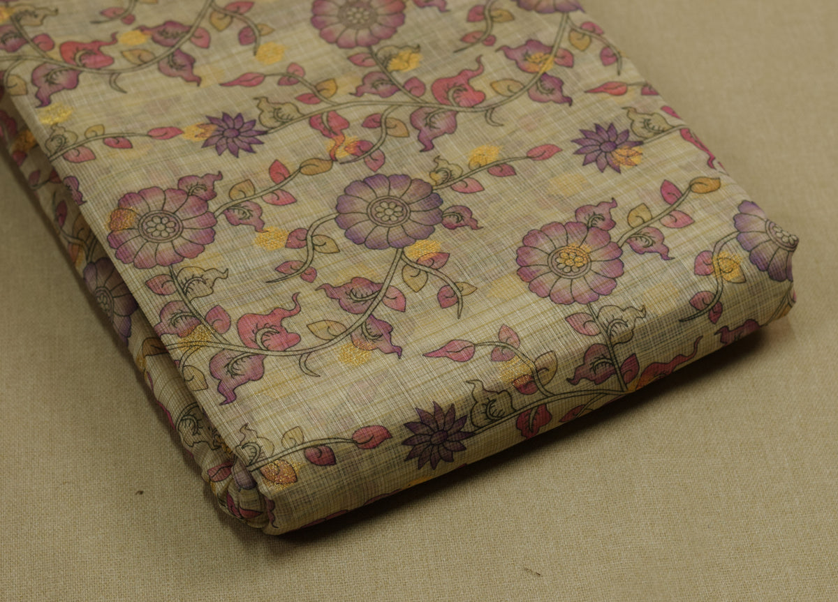 Floral Kalamkari Printed Net Cotta Dress Material – Beige & Mauve Pink