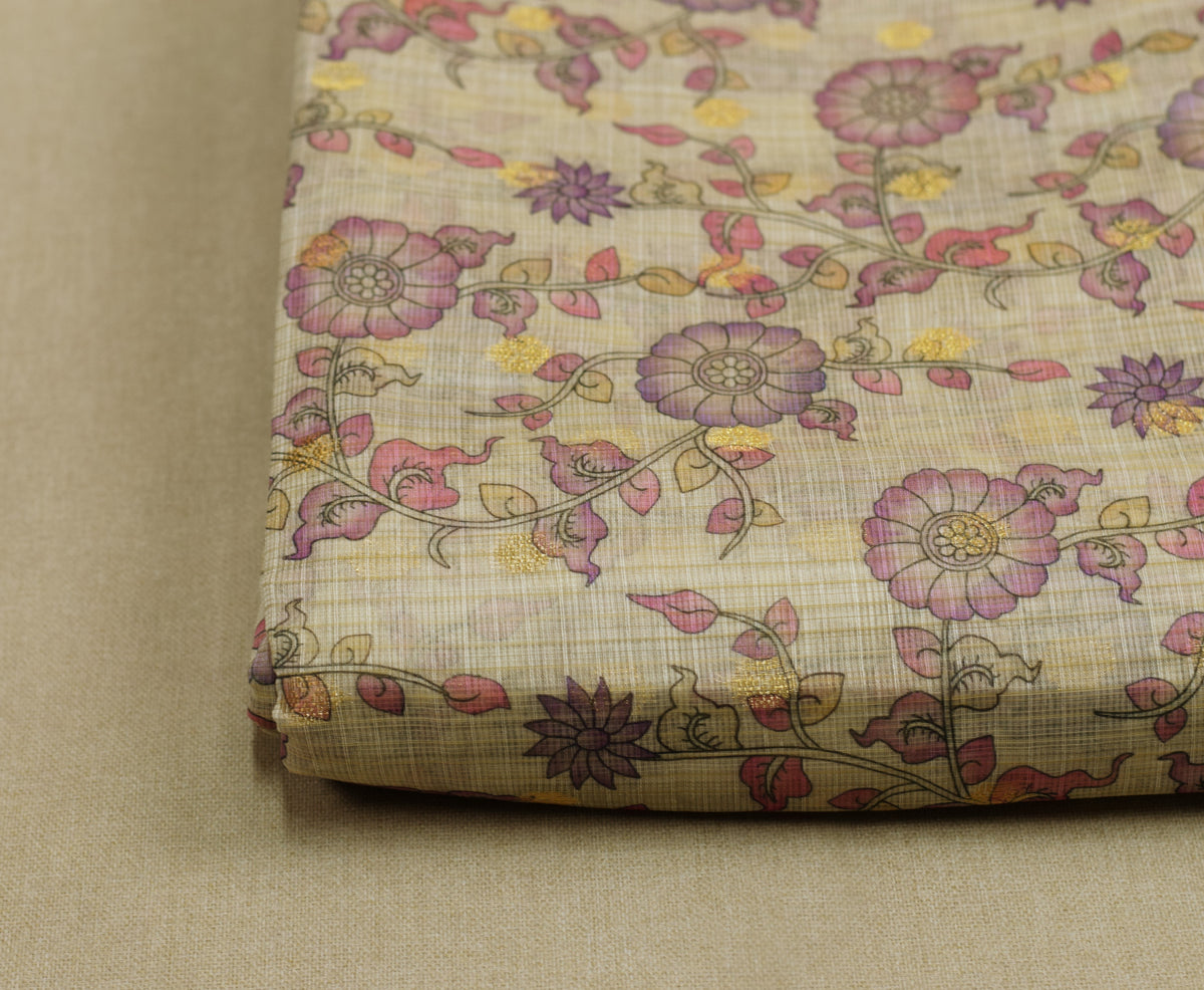 Floral Kalamkari Printed Net Cotta Dress Material – Beige & Mauve Pink