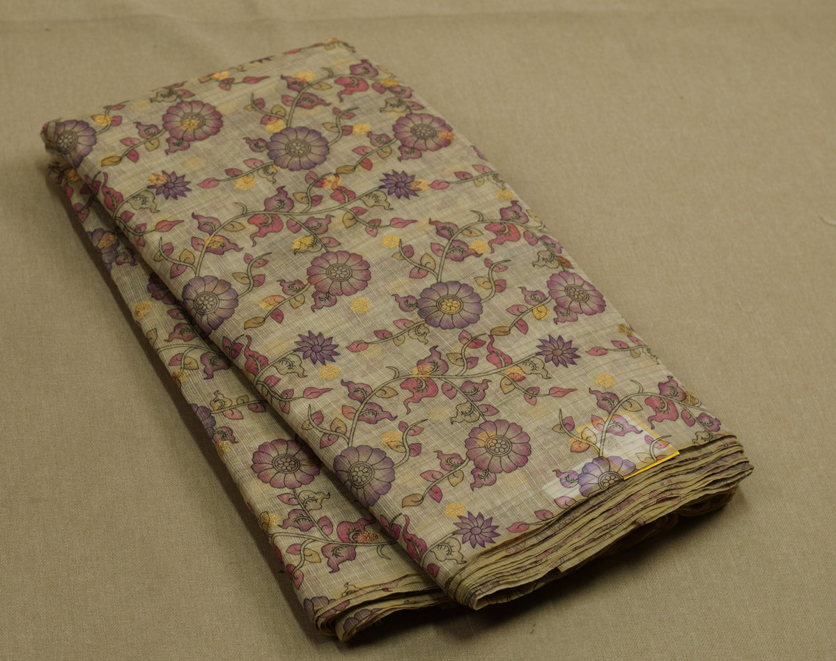 Floral Kalamkari Printed Net Cotta Dress Material – Beige & Mauve Pink