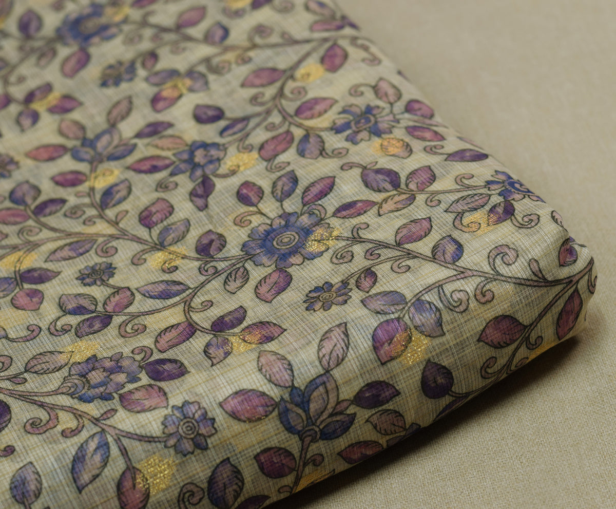 Floral Kalamkari Printed Net Cotta Dress Material – Beige, Violet & Indigo