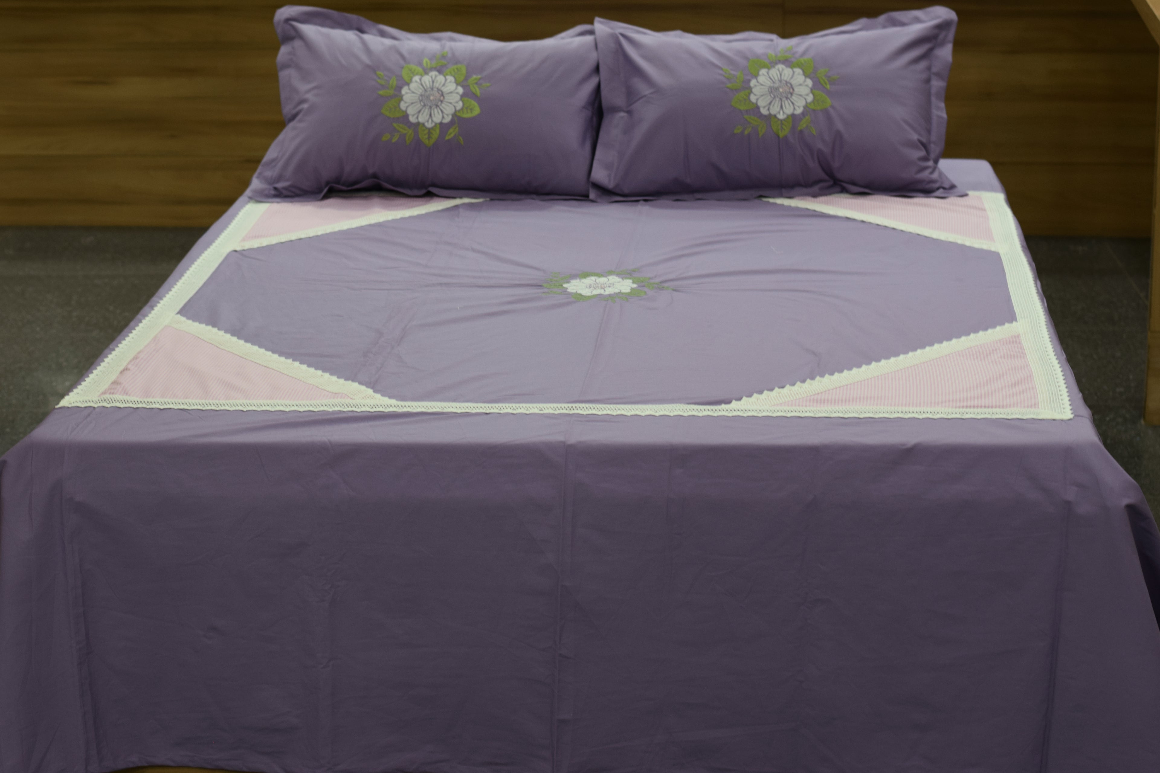King Size Floral Embroidered Bedspread with 2 Pillow Covers – Purple | 108" x 110"