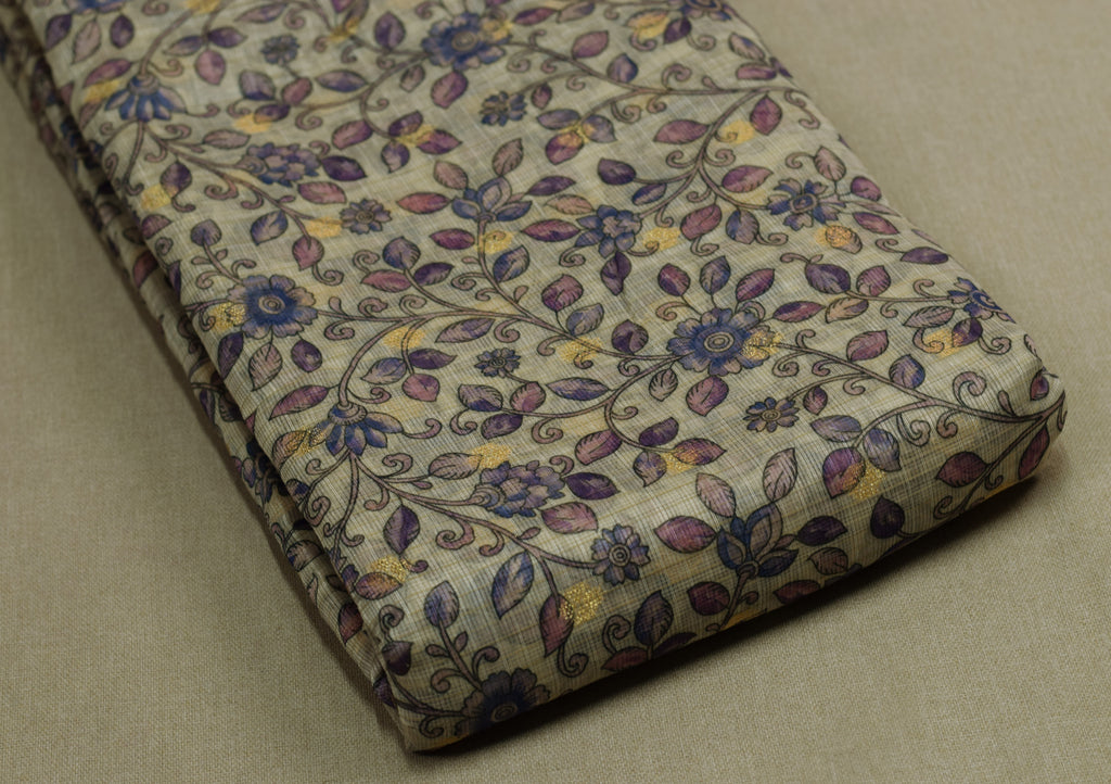 Floral Kalamkari Printed Net Cotta Dress Material – Beige, Violet & Indigo