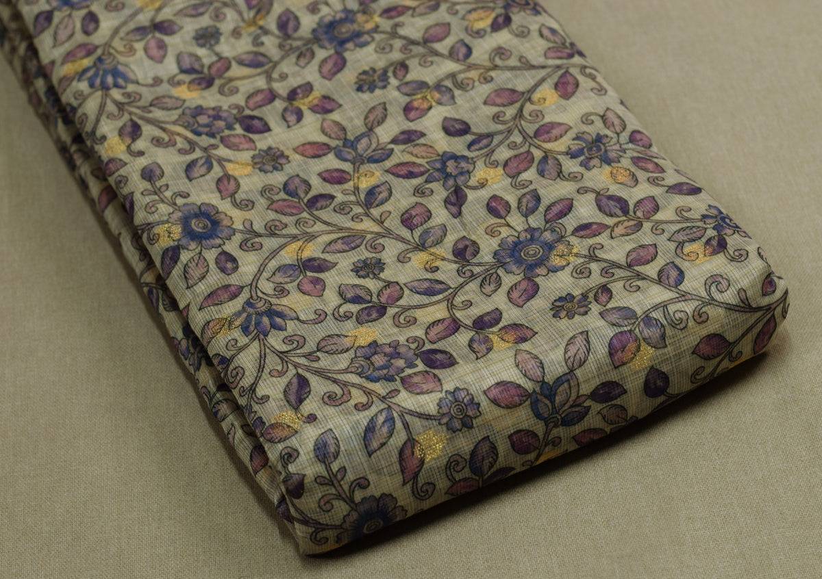 Floral Kalamkari Printed Net Cotta Dress Material – Beige, Violet & Indigo