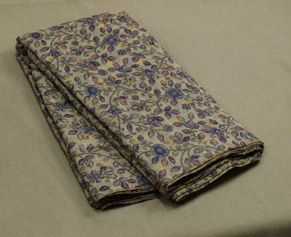 Floral Kalamkari Printed Net Cotta Dress Material – Beige, Violet & Indigo