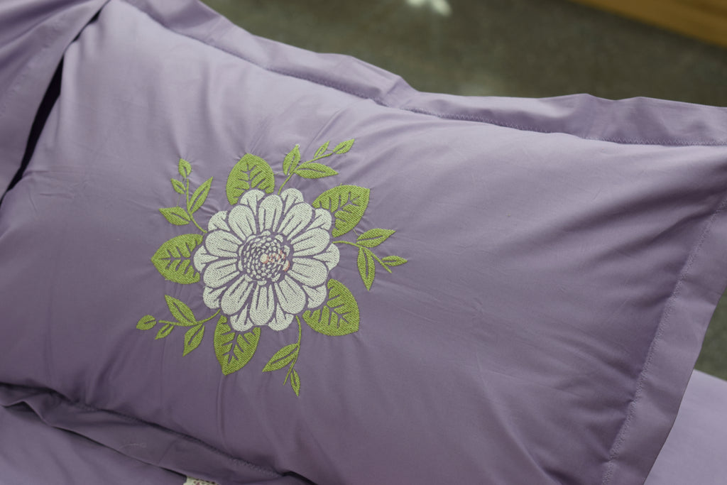 King Size Floral Embroidered Bedspread with 2 Pillow Covers – Purple | 108" x 110"