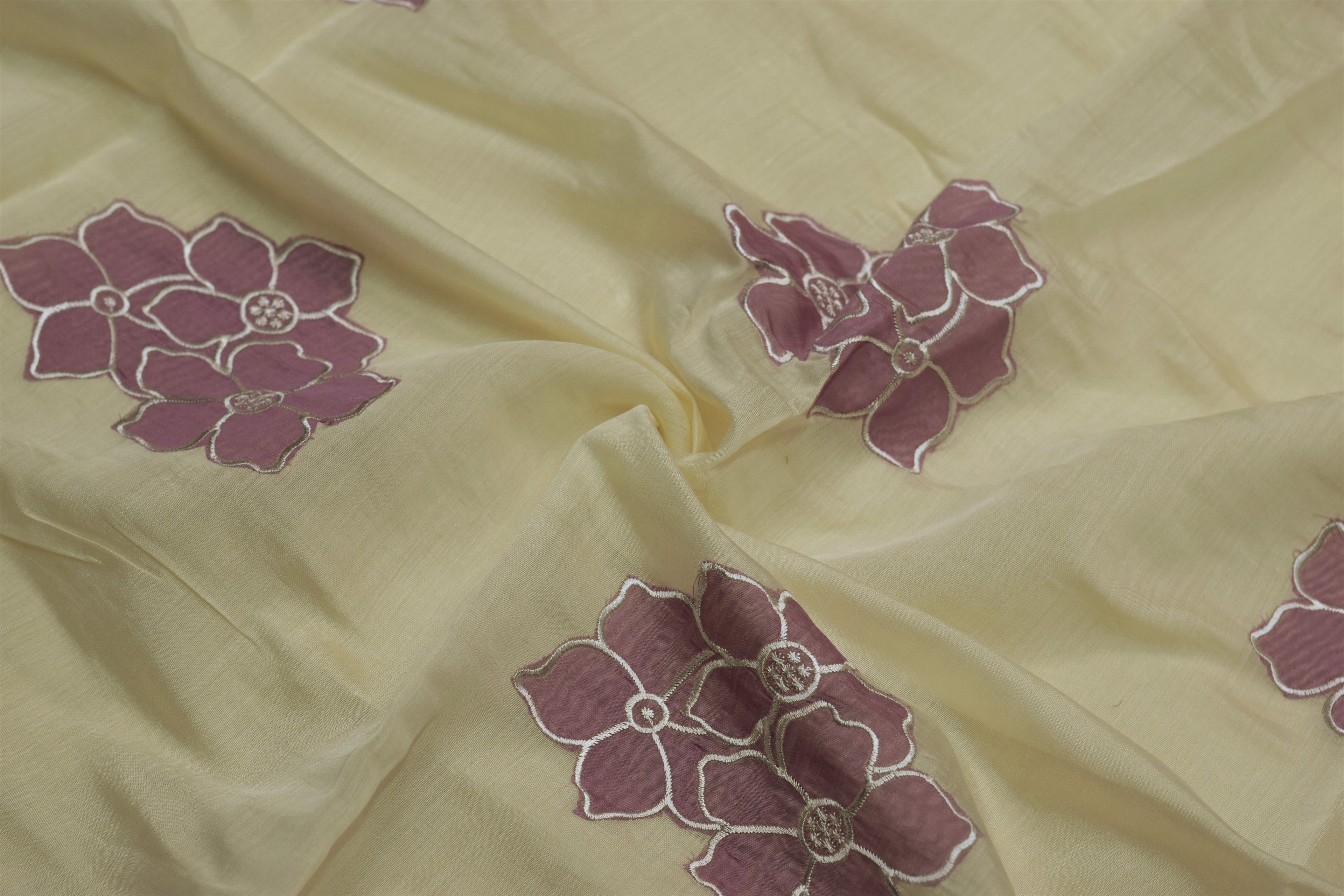 Mul Chandari Applique Work Top Fabric for Women – Off White with Floral Applique | 44 Inch Width | 2.5 Meter Dress Material