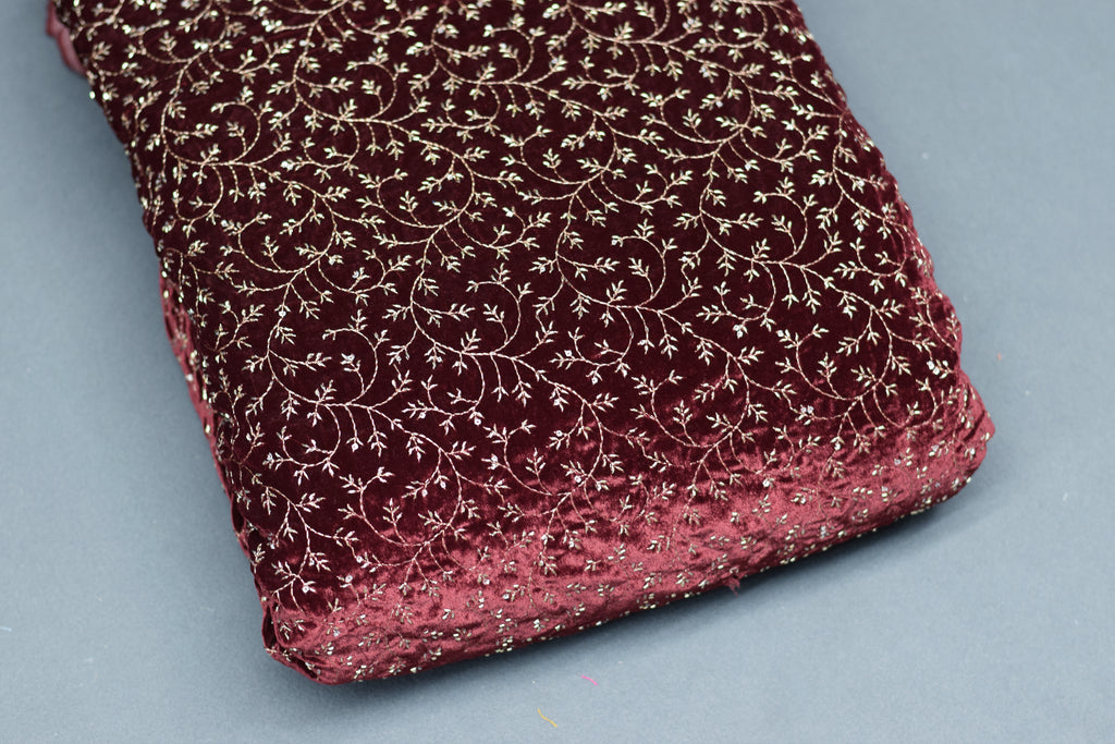Premium Maroon Embroidered Velvet Dress Material Set (Top & Bottom)