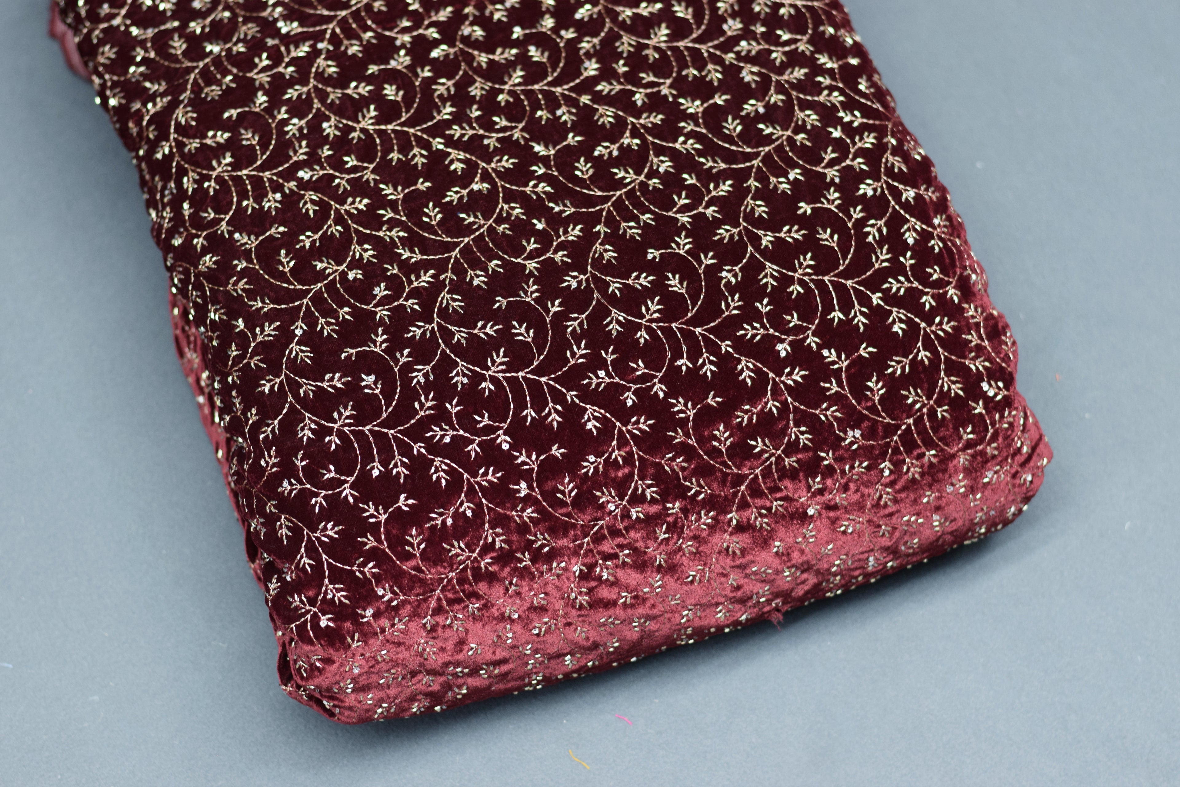 Premium Maroon Embroidered Velvet Dress Material Set (Top & Bottom)