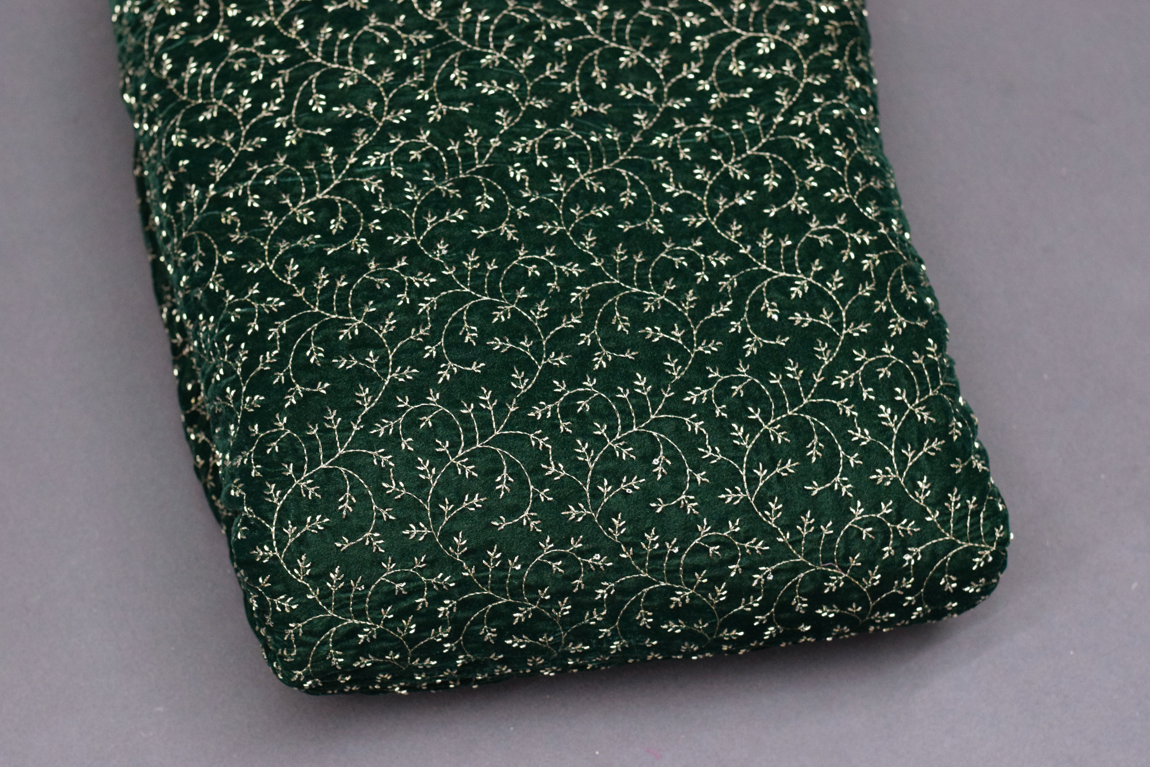 Elegant Dark Green Embroidered Velvet Dress Material Set (Top & Bottom)