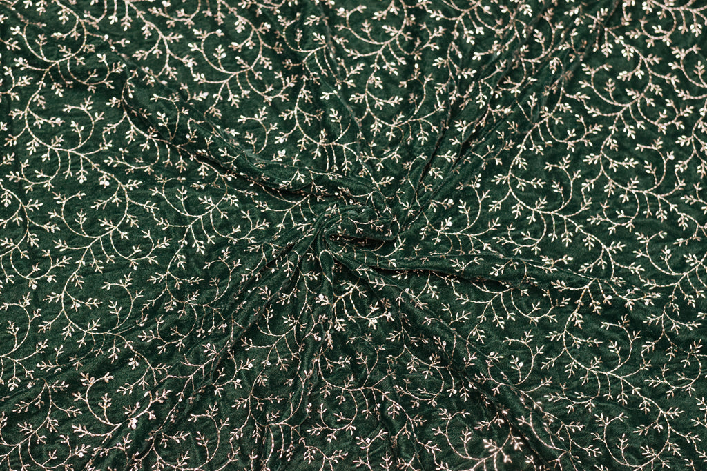 Elegant Dark Green Embroidered Velvet Dress Material Set (Top & Bottom)