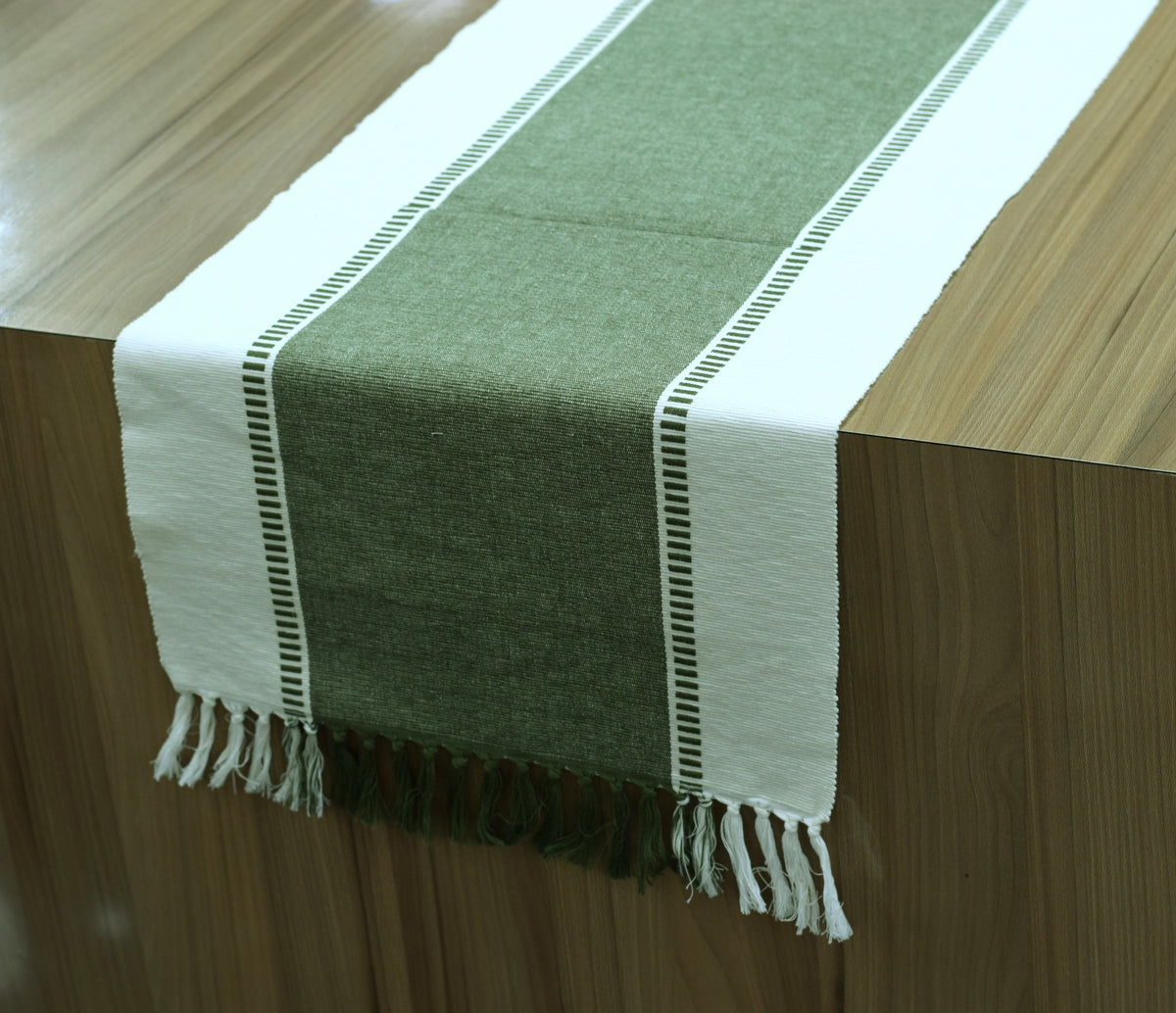 Olive Green & White Cotton Table Runner with Tassel Detailing – 180 × 40 cm