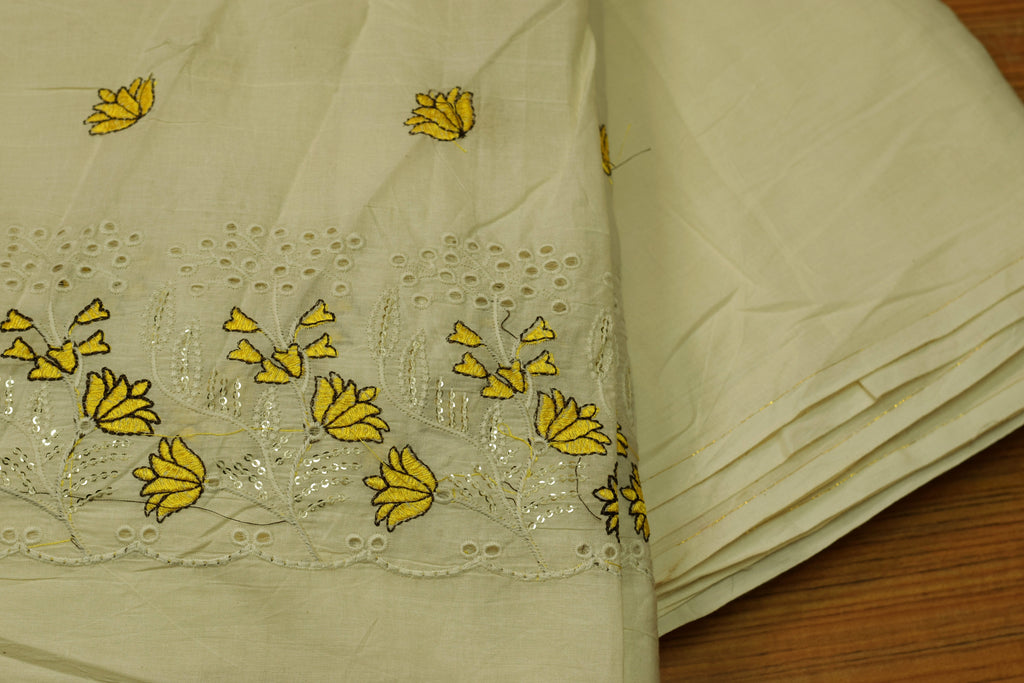 Mul Cotton Embroidered Dress Material for Women – Off White with Yellow Floral Embroidery | 44 Inch Width | 2.5 Meter Top Fabric