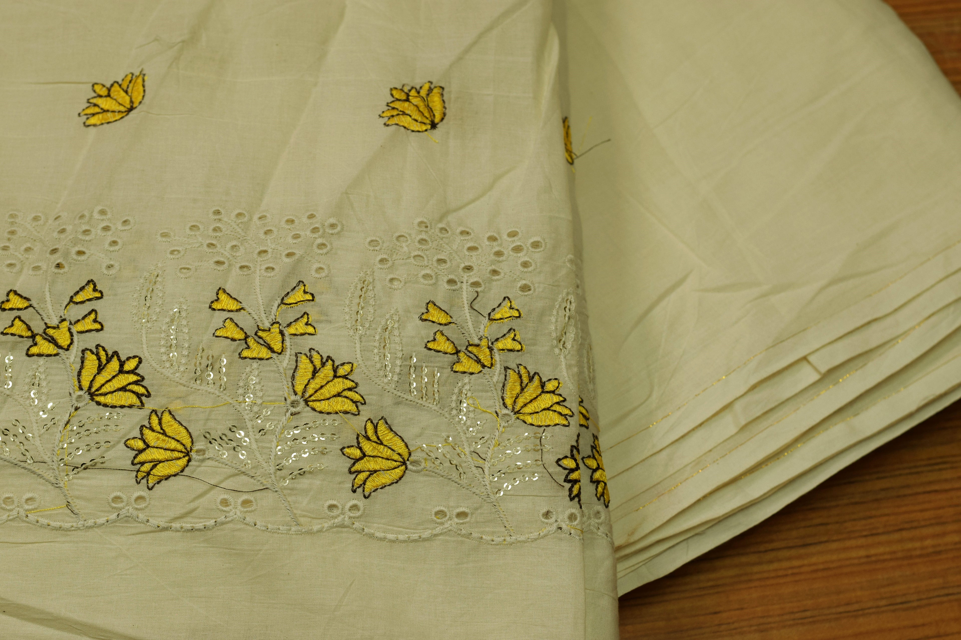 Mul Cotton Embroidered Dress Material for Women – Off White with Yellow Floral Embroidery | 44 Inch Width | 2.5 Meter Top Fabric