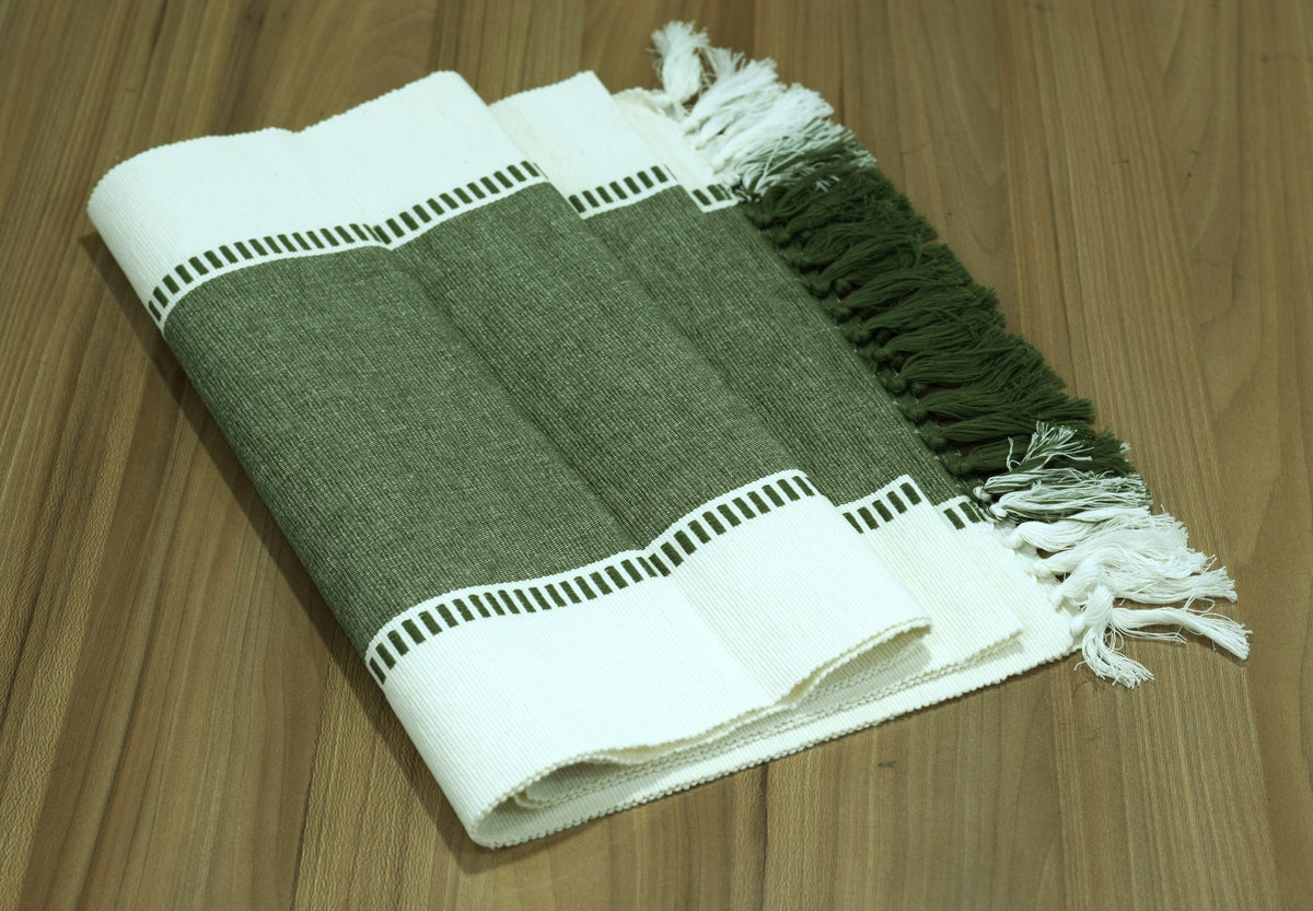 Olive Green & White Cotton Table Runner with Tassel Detailing – 180 × 40 cm