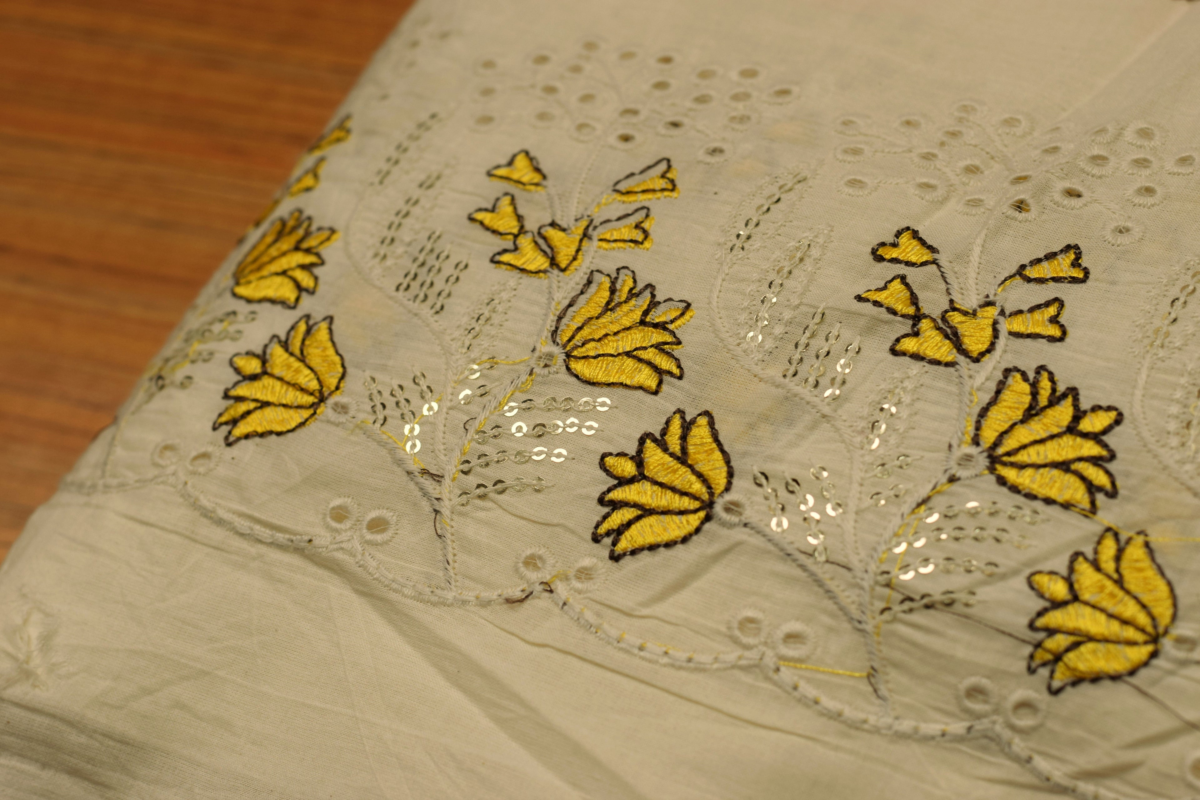 Mul Cotton Embroidered Dress Material for Women – Off White with Yellow Floral Embroidery | 44 Inch Width | 2.5 Meter Top Fabric