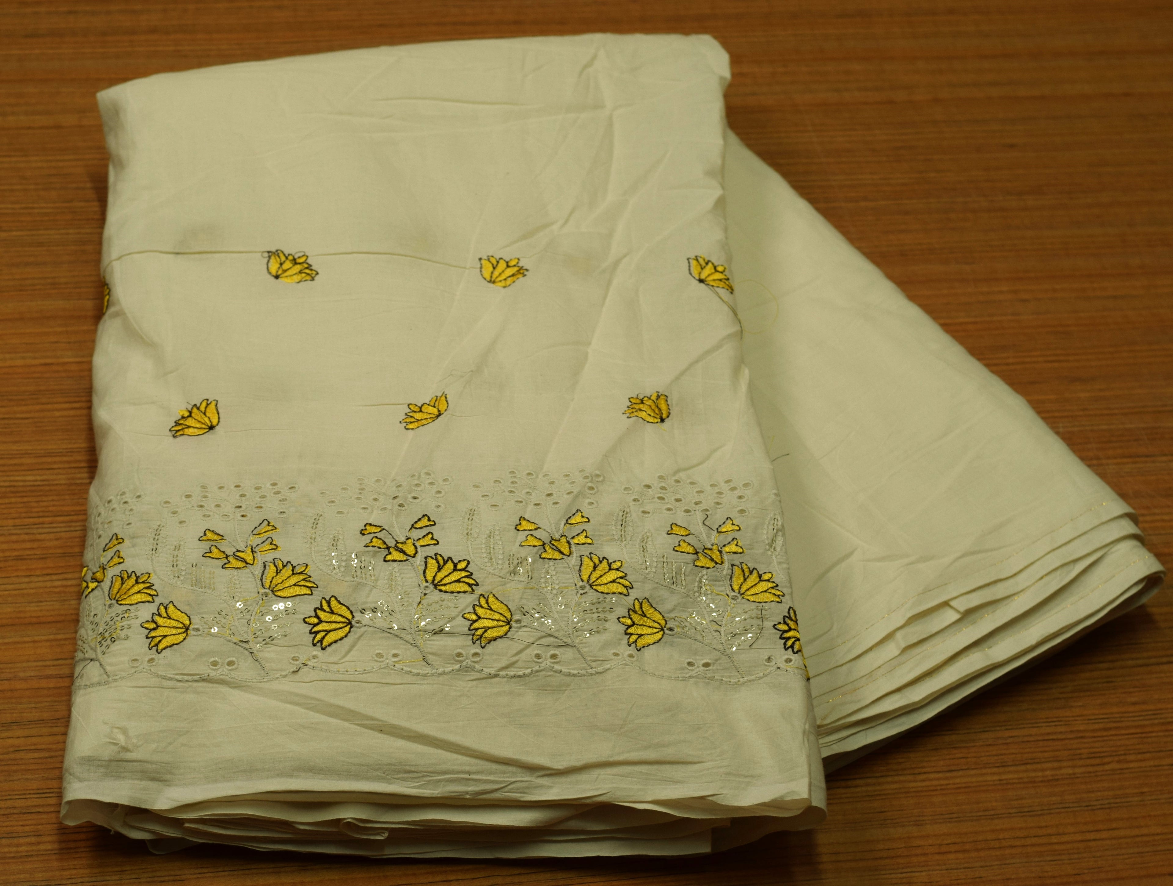 Mul Cotton Embroidered Dress Material for Women – Off White with Yellow Floral Embroidery | 44 Inch Width | 2.5 Meter Top Fabric