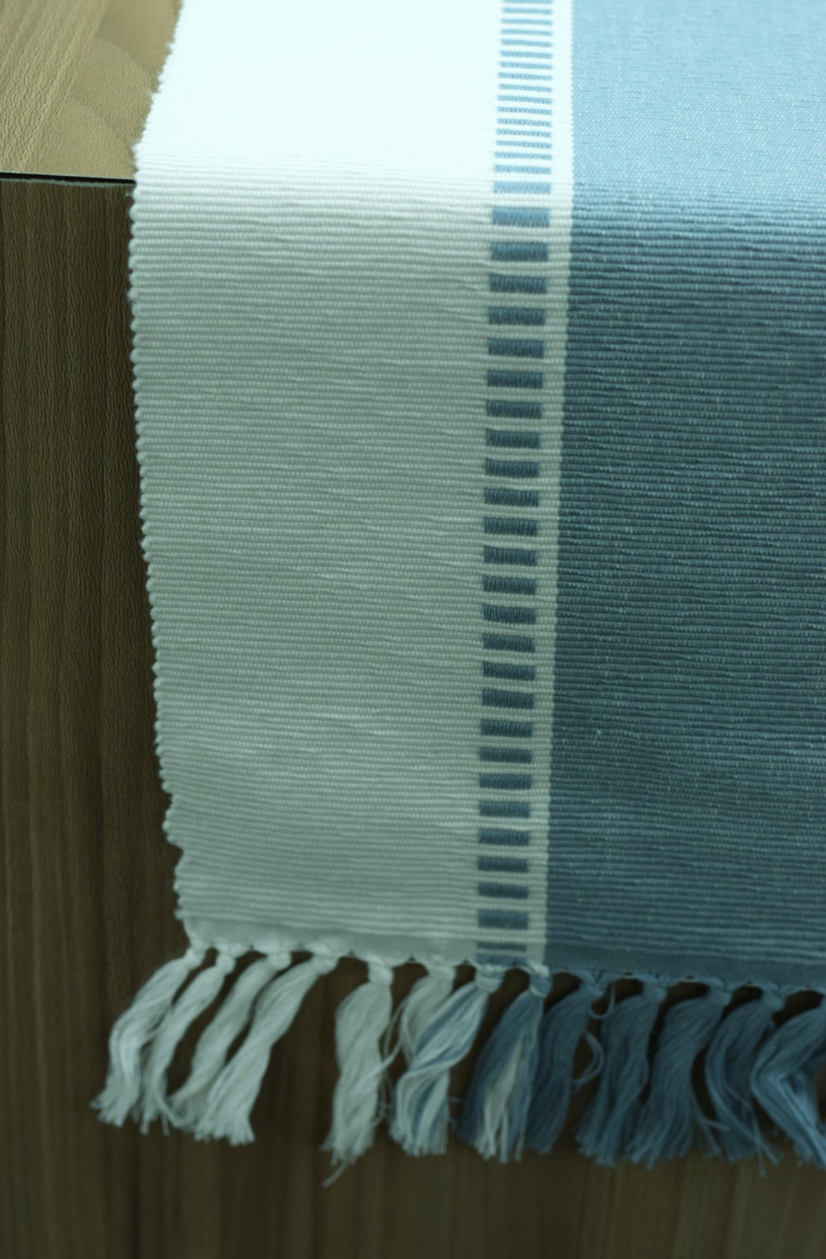 Blue & White Cotton Table Runner with Tassel Fringe – 1.85 M x 40 cm