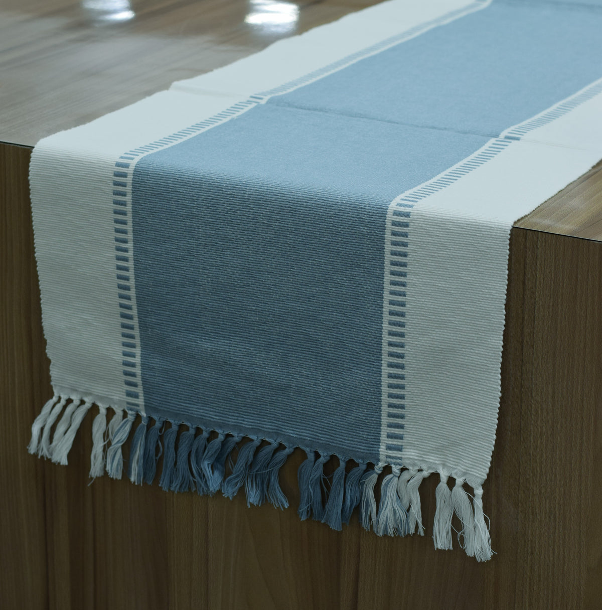 Blue & White Cotton Table Runner with Tassel Fringe – 1.85 M x 40 cm