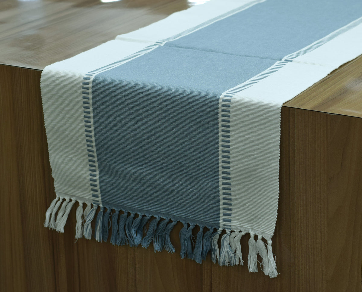 Blue & White Cotton Table Runner with Tassel Fringe – 1.85 M x 40 cm