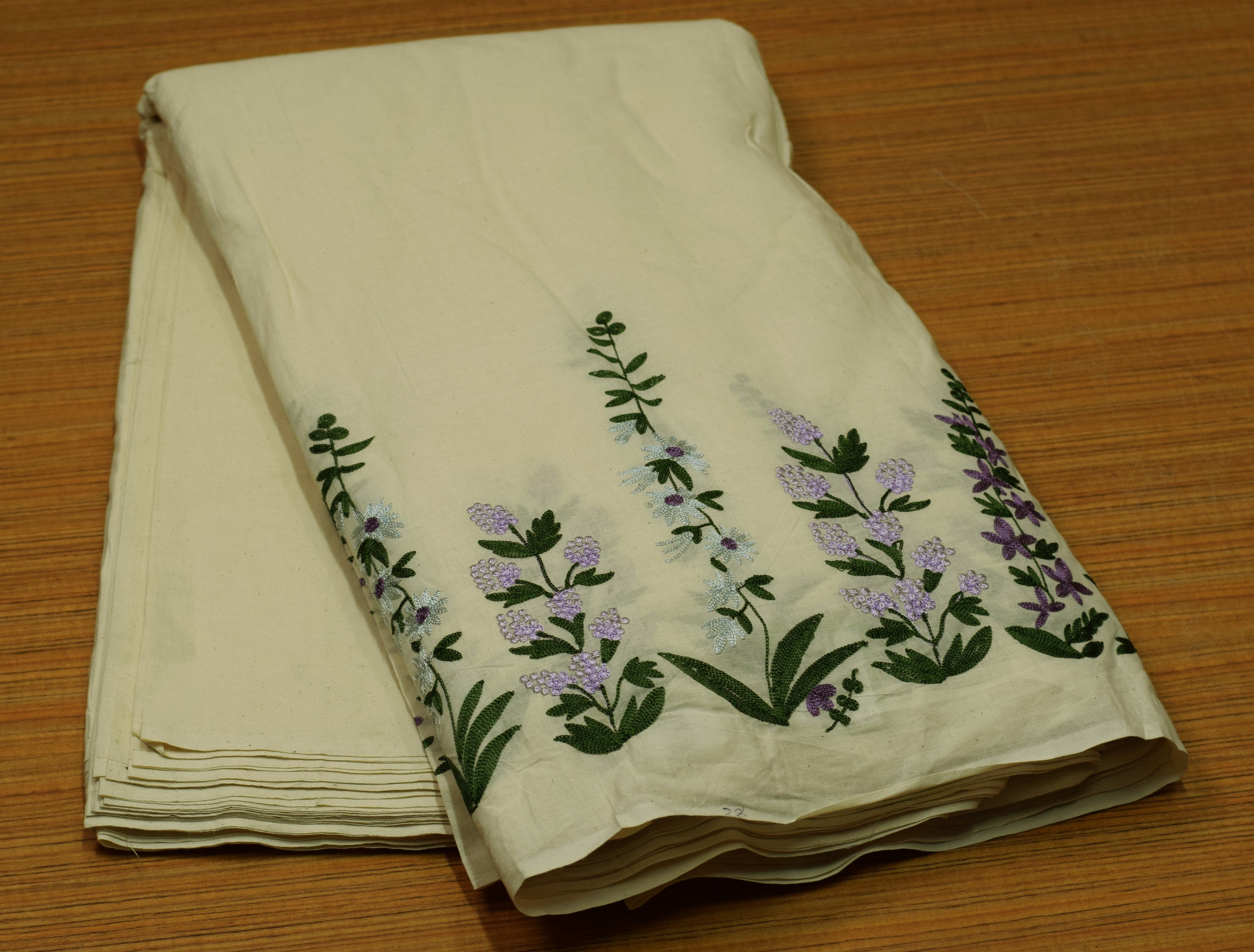 Off White Mul Cotton Embroidered Top Fabric | 44 Inch Width | 2.5 Meter Unstitched Material | Floral Embroidery