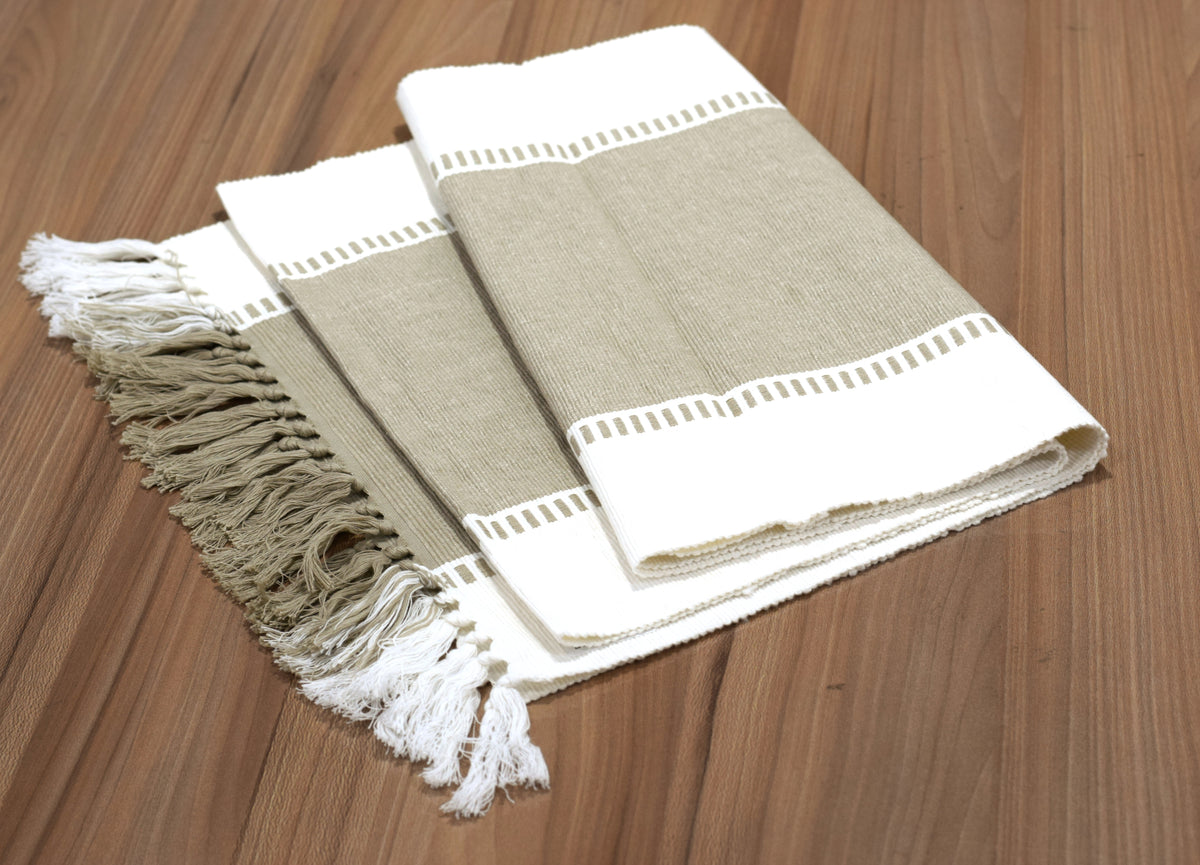 Elegant Beige & White Table Runner with Tassel Fringe – 190 x 40 cm