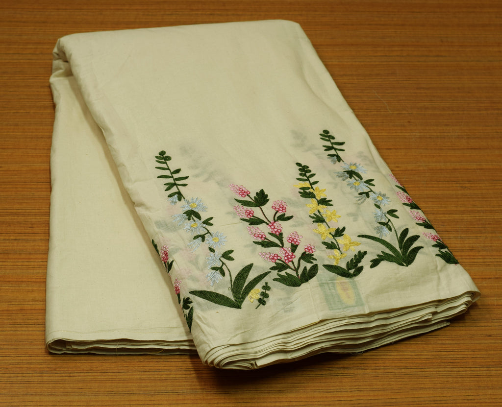 Premium Mul Cotton Embroidered Dress Material for Women – Off White Floral Embroidery | 44 Inch Width | 2.5 Meter (Top Fabric Only)
