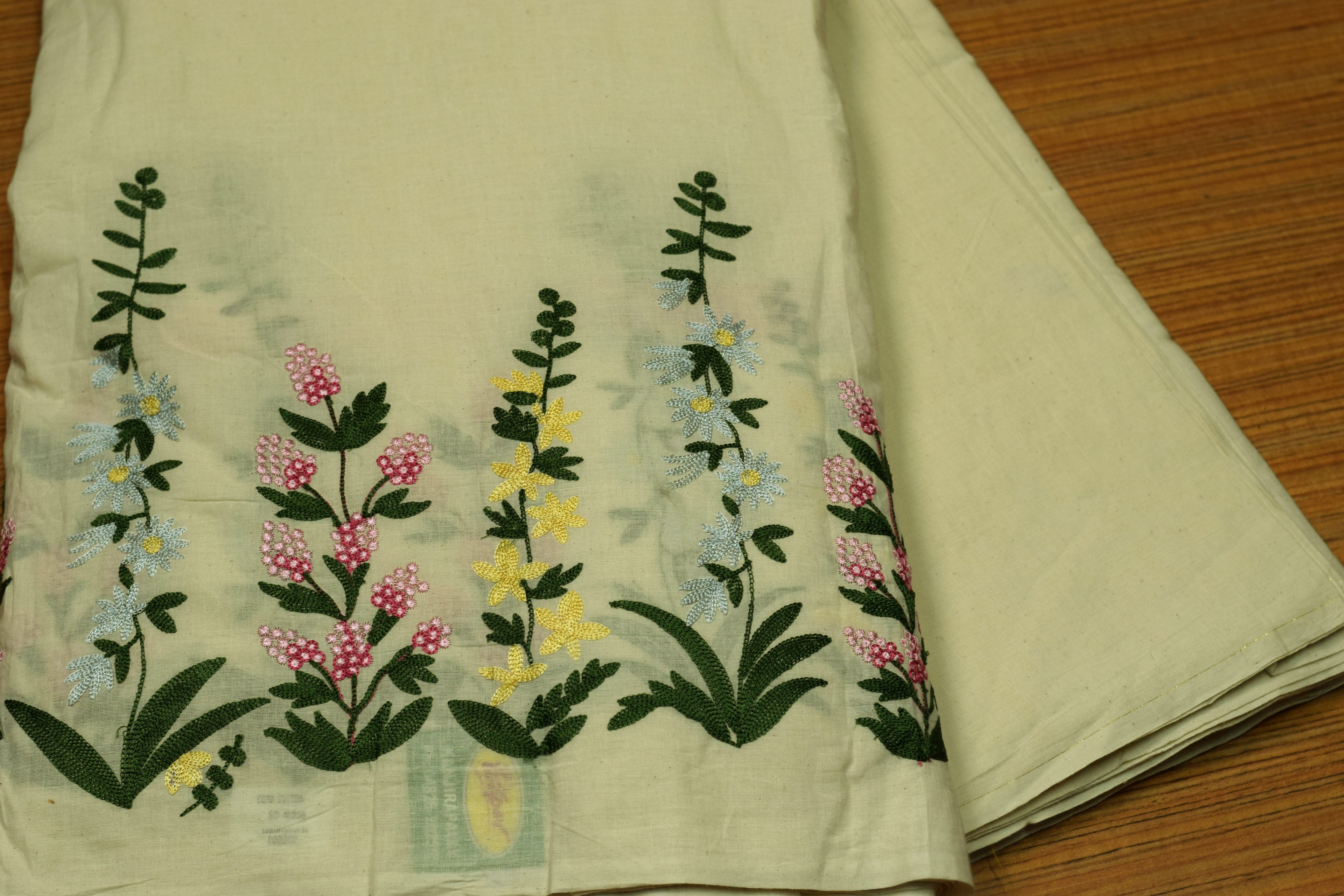 Premium Mul Cotton Embroidered Dress Material for Women – Off White Floral Embroidery | 44 Inch Width | 2.5 Meter (Top Fabric Only)