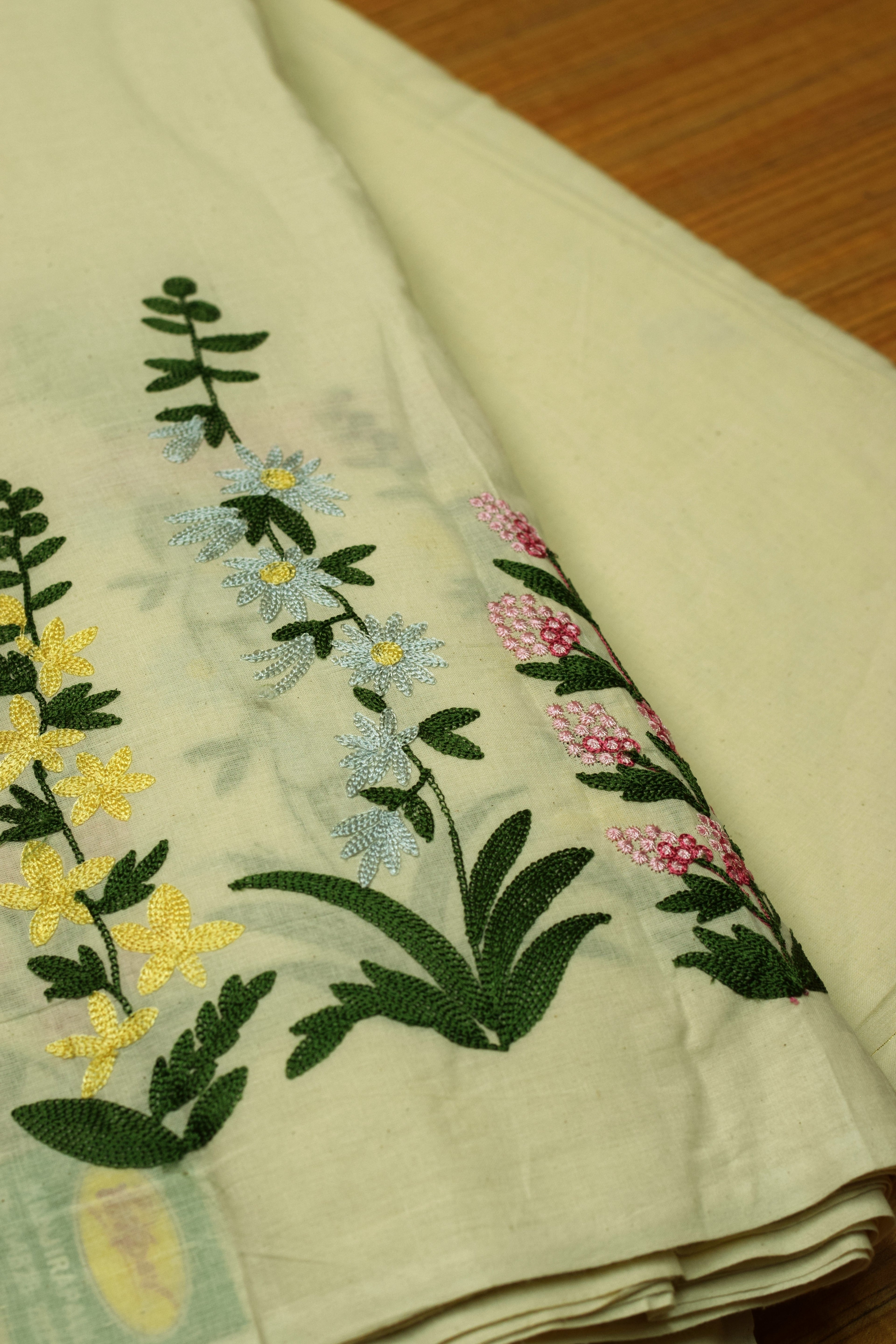 Premium Mul Cotton Embroidered Dress Material for Women – Off White Floral Embroidery | 44 Inch Width | 2.5 Meter (Top Fabric Only)