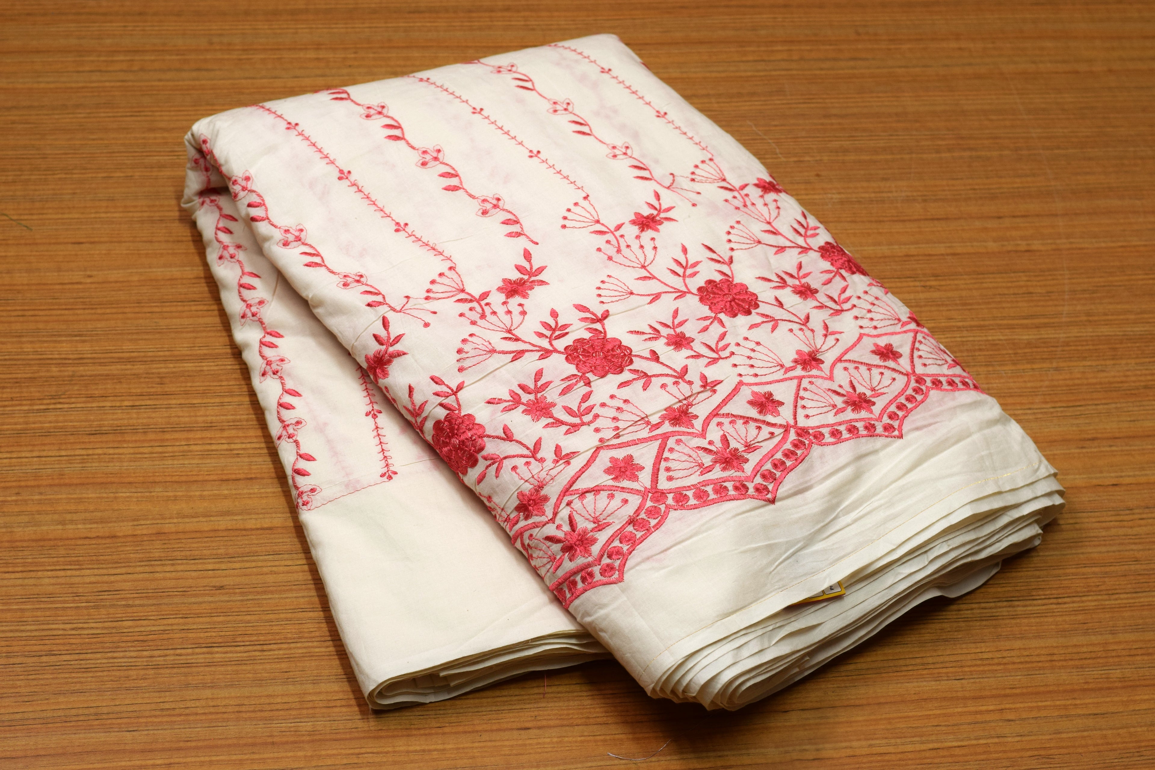 Premium Mul Cotton Embroidered Dress Material for Women – Off White with Pink Floral Embroidery