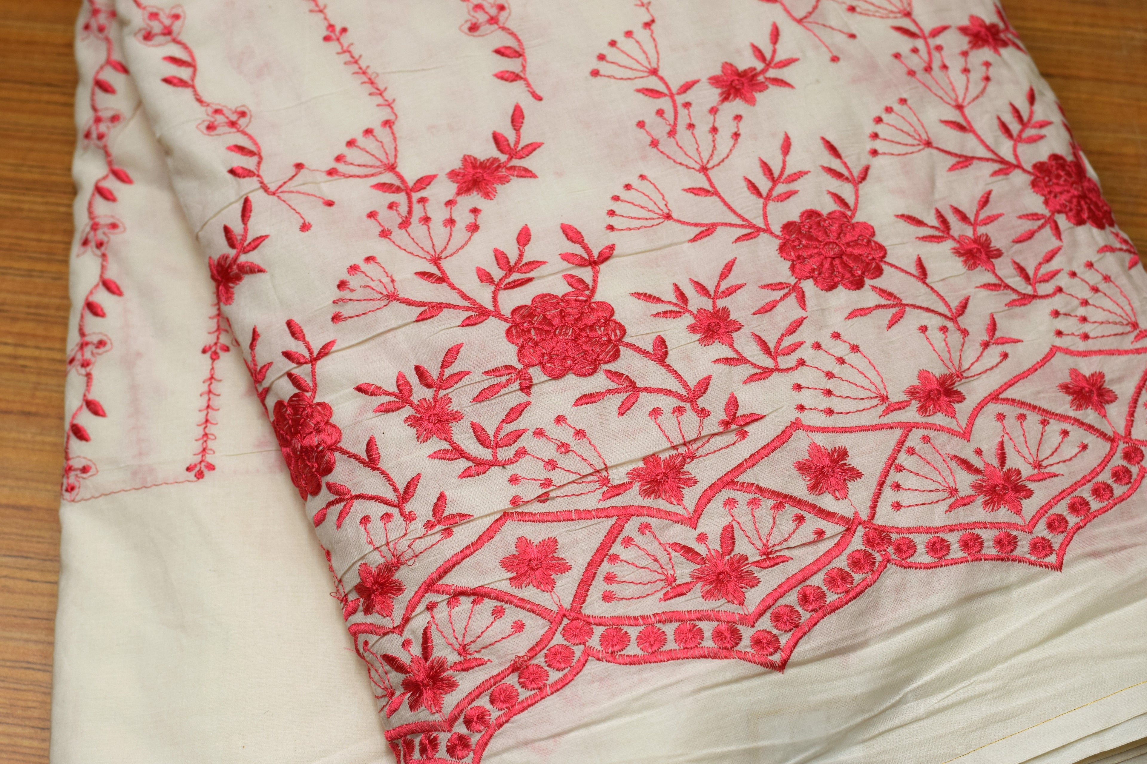 Premium Mul Cotton Embroidered Dress Material for Women – Off White with Pink Floral Embroidery