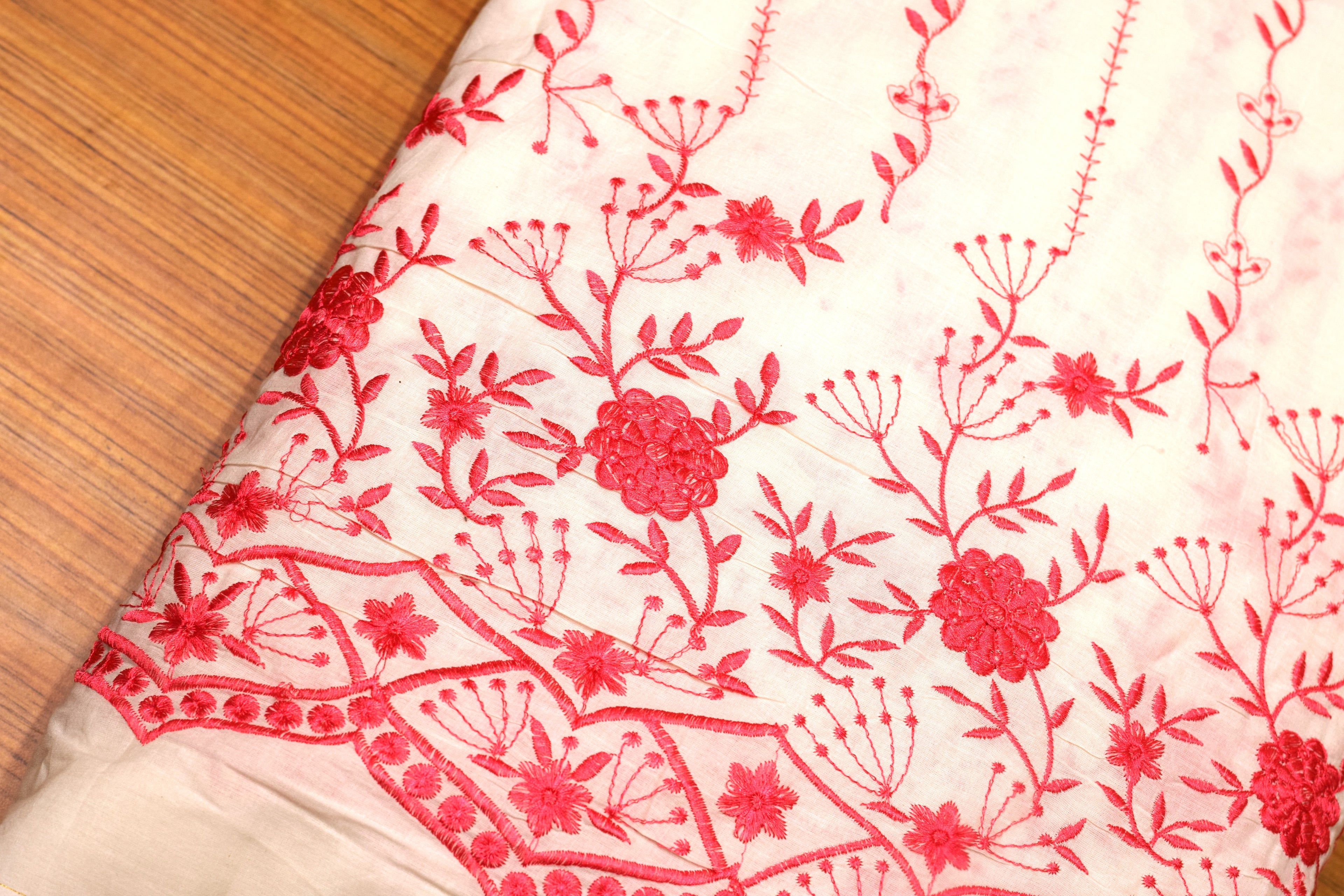 Premium Mul Cotton Embroidered Dress Material for Women – Off White with Pink Floral Embroidery