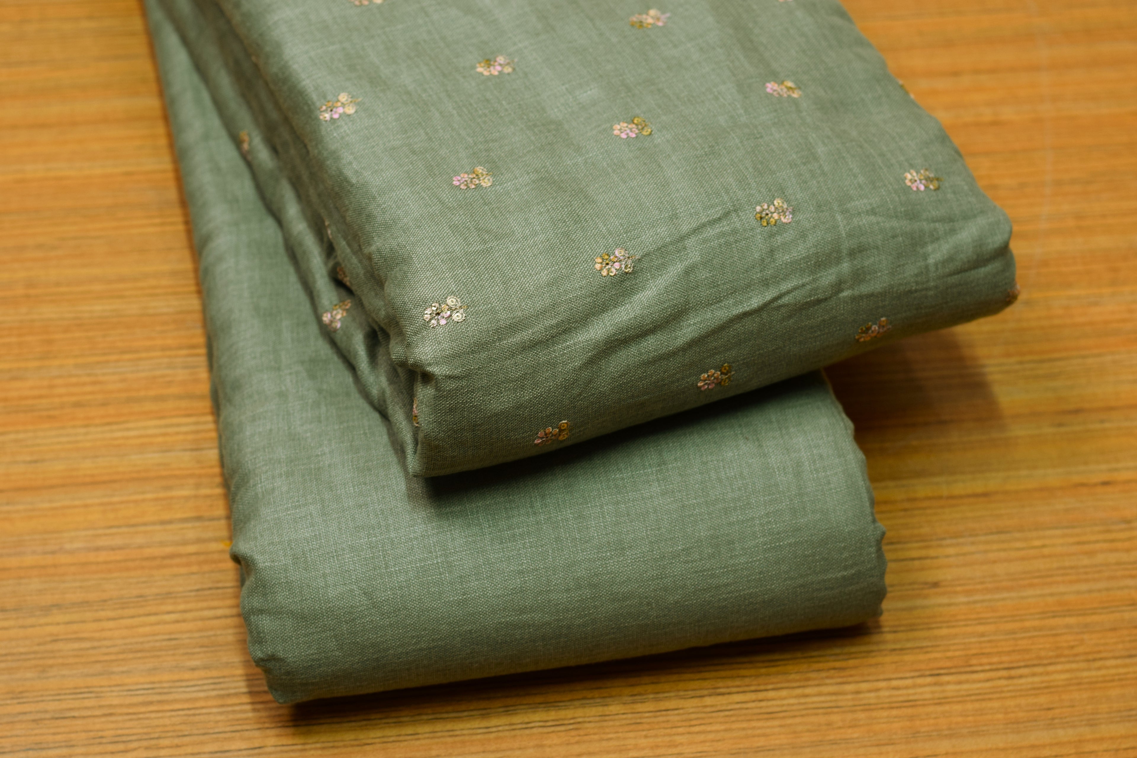 Green Semi Linen Dress Material Set with Floral Butta | Top & Bottom Fabric | 44" Width