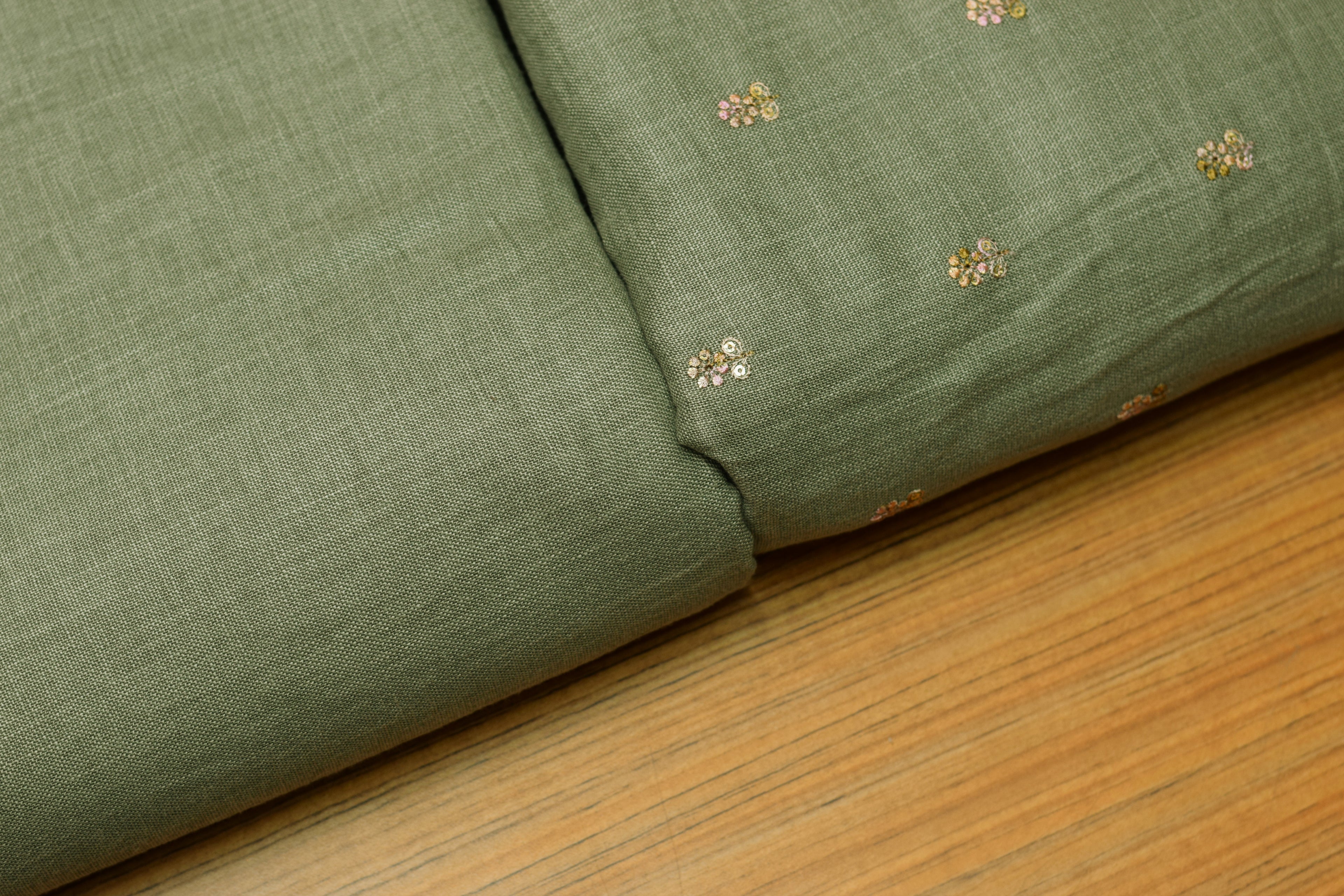 Green Semi Linen Dress Material Set with Floral Butta | Top & Bottom Fabric | 44" Width