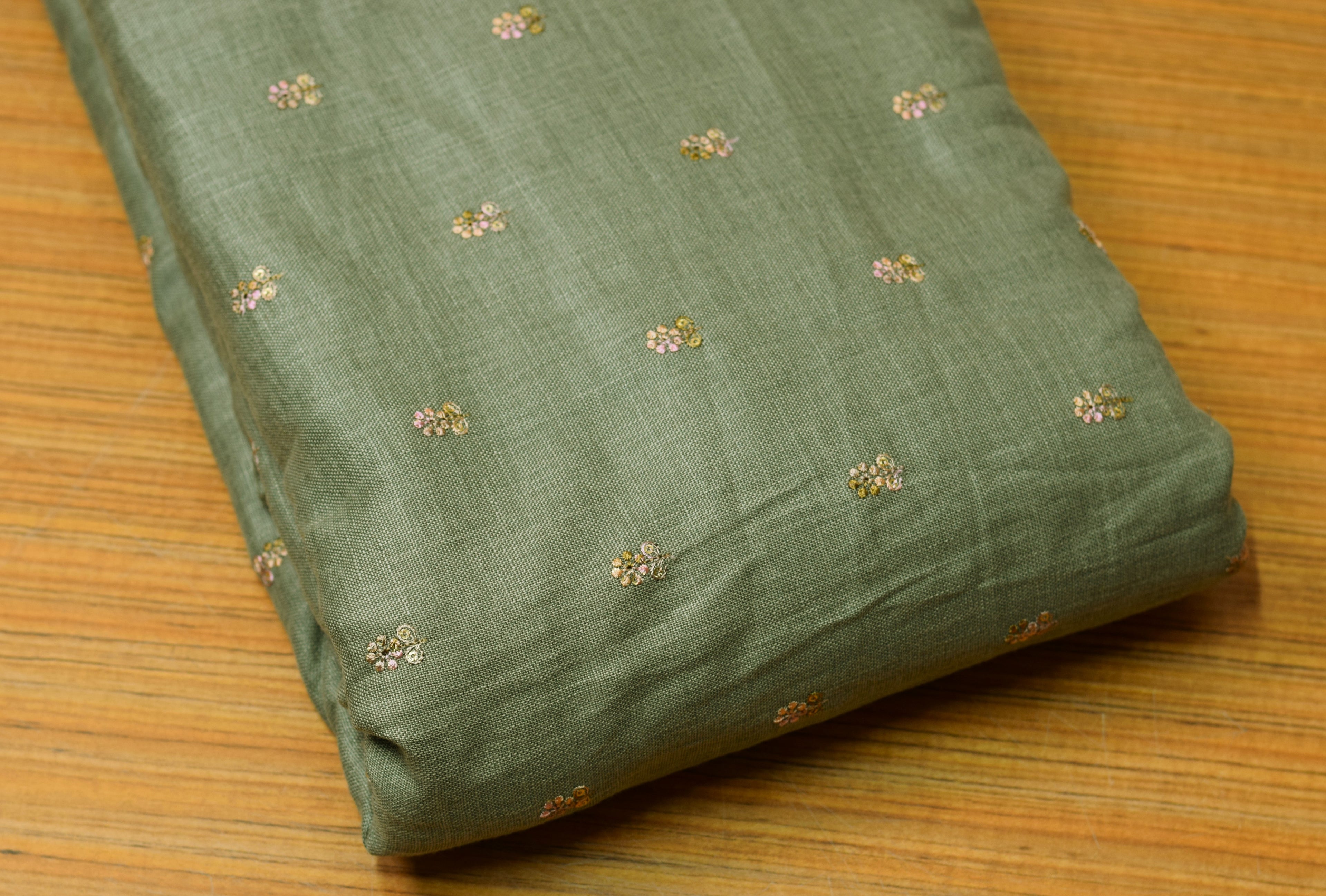 Green Semi Linen Dress Material Set with Floral Butta | Top & Bottom Fabric | 44" Width