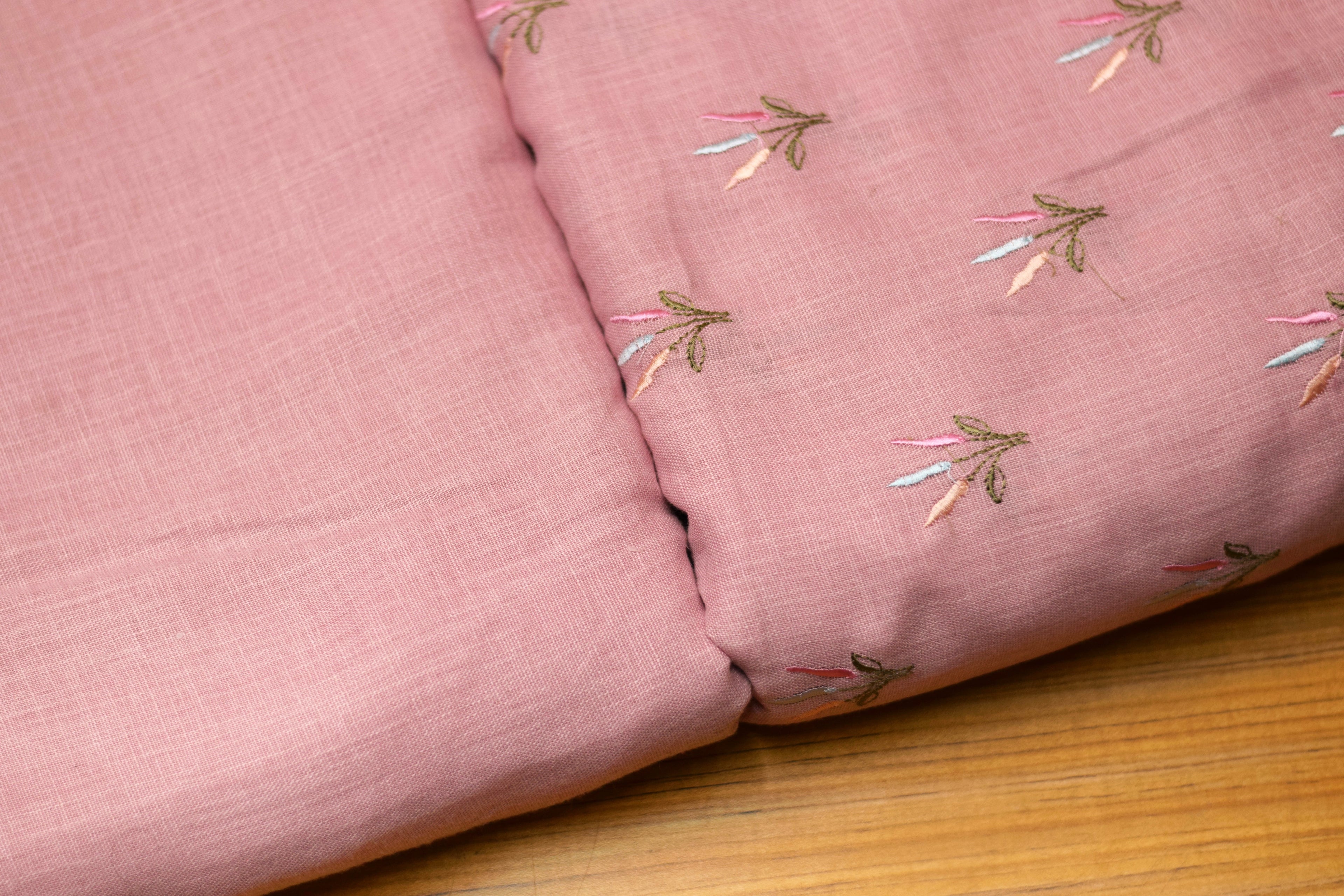 Pink Semi Linen Embroidered Dress Material Set | Top & Bottom Fabric | 44" Width