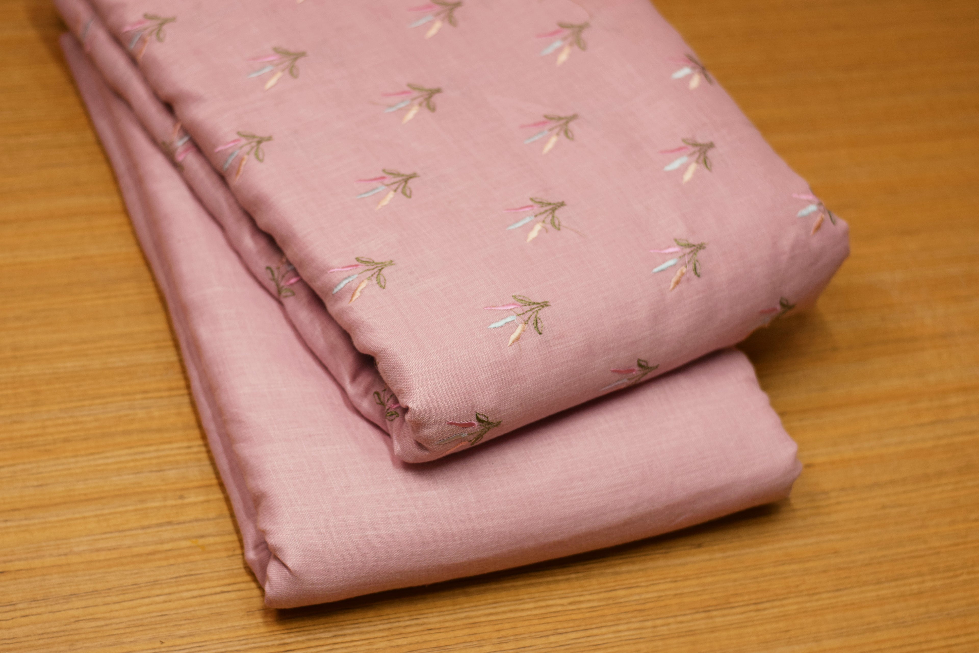 Pink Semi Linen Embroidered Dress Material Set | Top & Bottom Fabric | 44" Width
