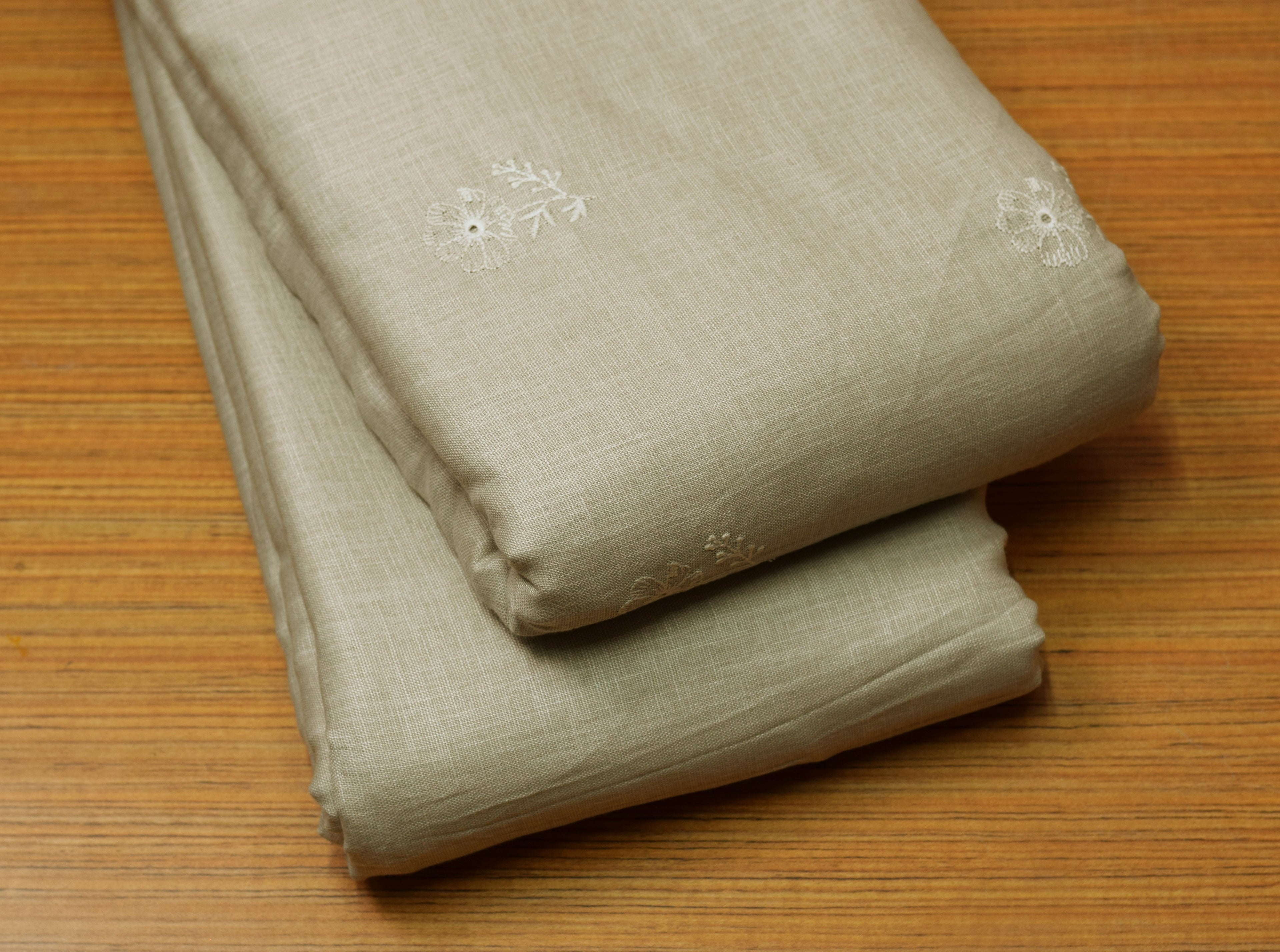 Beige Embroidered Semi Linen Dress Material Set | Top & Bottom Fabric | 44" Width