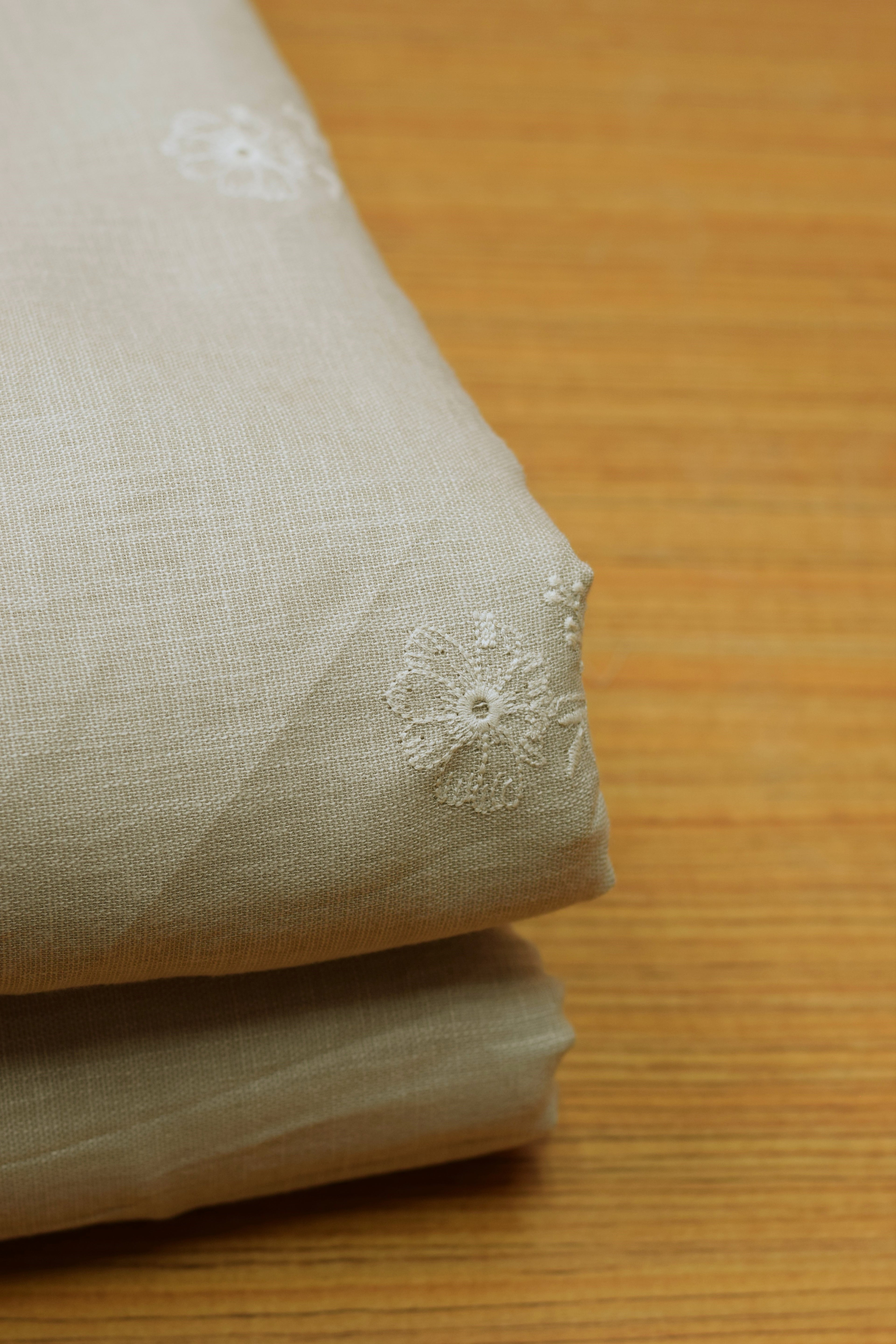 Beige Embroidered Semi Linen Dress Material Set | Top & Bottom Fabric | 44" Width