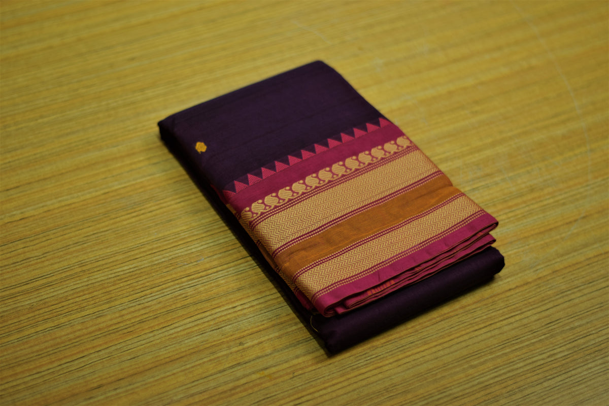 Kaanchi Cotton Saree - Deep Purple Kaanchi Cotton Saree  with Zari Temple Border & Matching Blouse