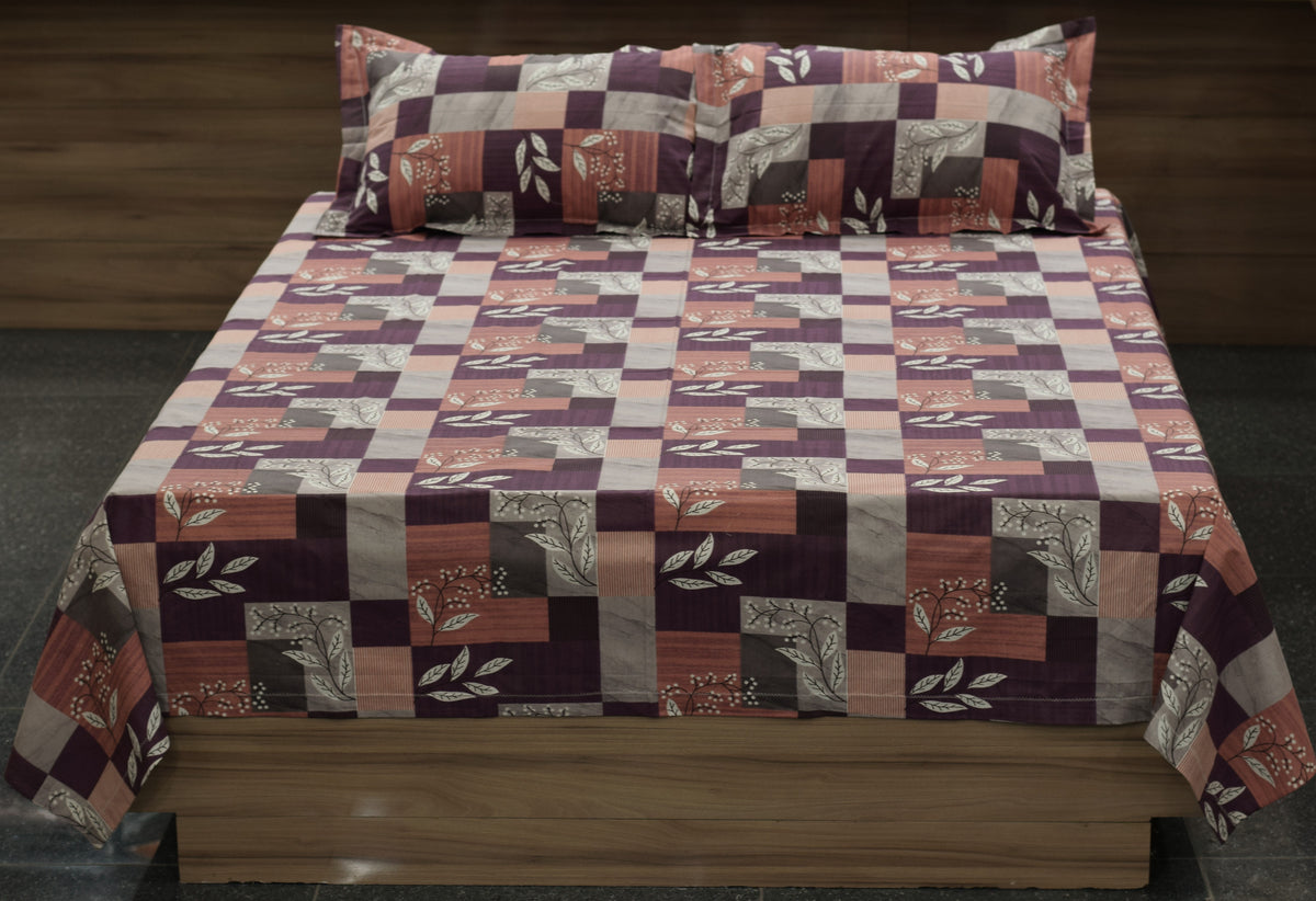 Queen Size Cotton Blend Bedsheet – Abstract Floral Block Print | 90 × 100 Inches