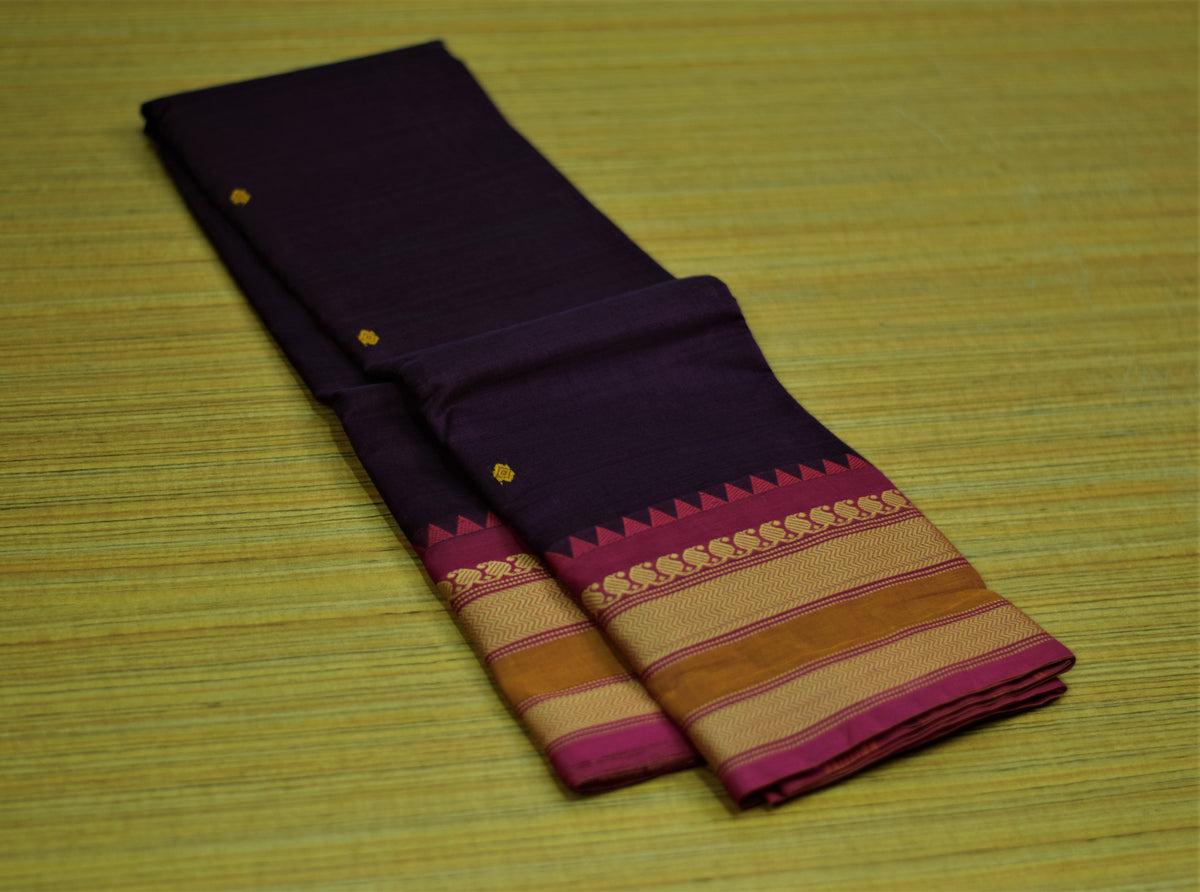Kaanchi Cotton Saree - Deep Purple Kaanchi Cotton Saree  with Zari Temple Border & Matching Blouse